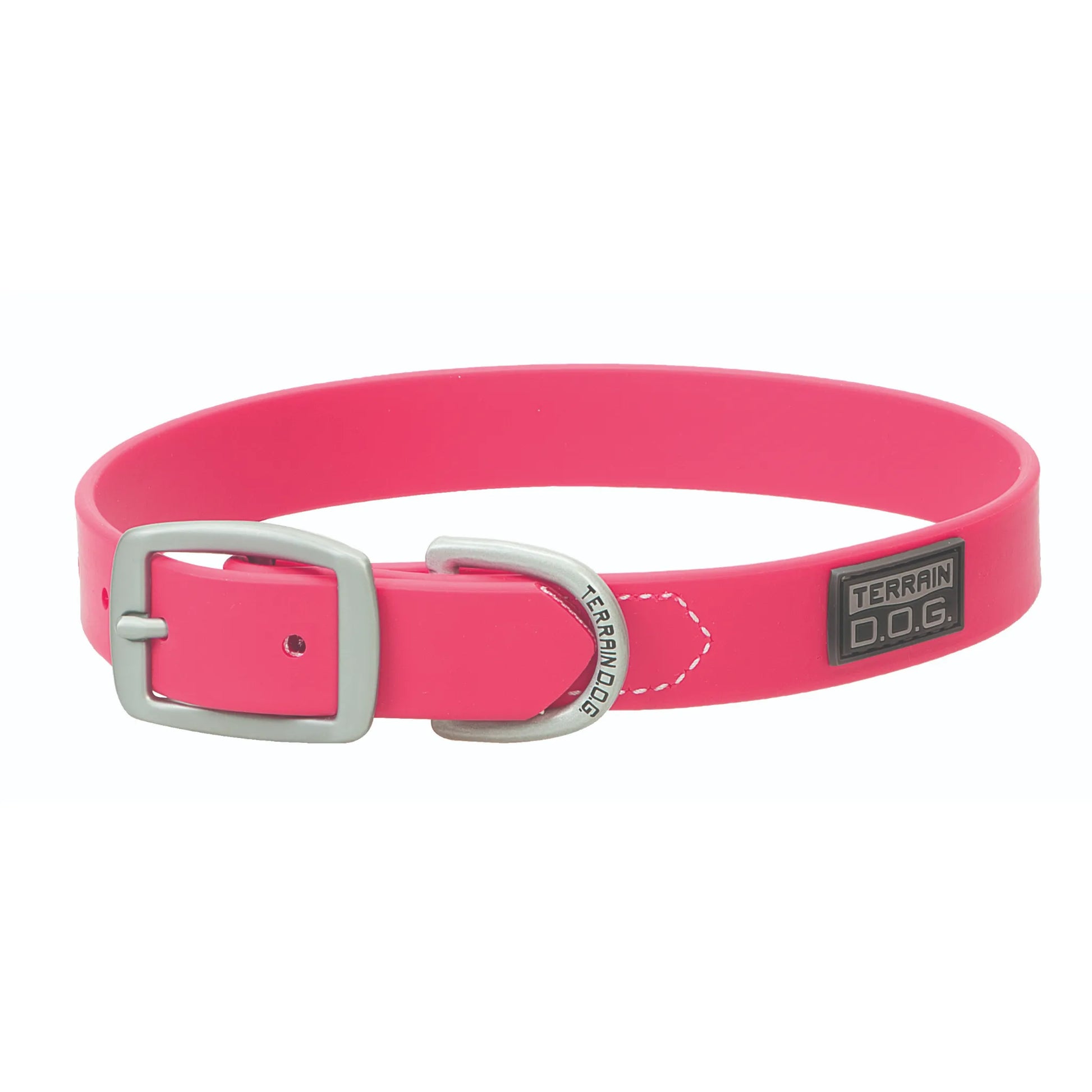 Vibrant neon pink Weaver Leather Terrain D.O.G. Brahma Webb dog collar featuring a matte silver buckle and D-ring. This waterproof, weather-resistant, and easy-to-clean synthetic collar is built for active pets and outdoor adventures. Durable design includes a signature black rubber logo patch and engraved hardware, making it a stylish and heavy-duty choice for hiking, swimming, and daily wear.