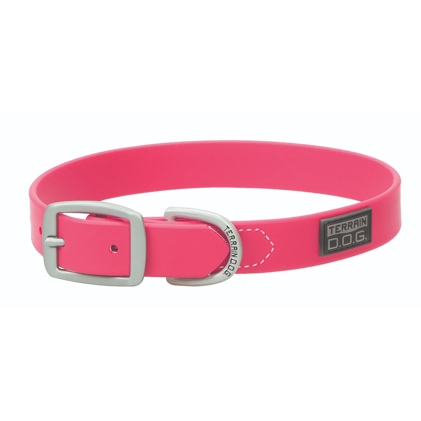 Bright pink Weaver Leather Terrain D.O.G. Brahma Webb Dog Collar featuring durable matte silver hardware and a sturdy buckle. This waterproof, easy-to-clean hot pink collar is perfect for active pets and outdoor adventures. Showcases a branded Terrain D.O.G. rubber patch and an embossed metal D-ring for secure leash attachment. High-quality synthetic webbing ensures long-lasting performance for hiking, swimming, and hunting.