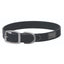 Black Weaver Leather Terrain D.O.G. Brahma Webb Dog Collar featuring a durable matte finish and silver-toned hardware. This waterproof and odor-resistant synthetic webbing collar includes a rugged buckle, a branded D-ring for leash attachment, and stylish contrast stitching. Perfect for active dogs and outdoor adventures, it offers the look of leather with superior durability for all-terrain use.
