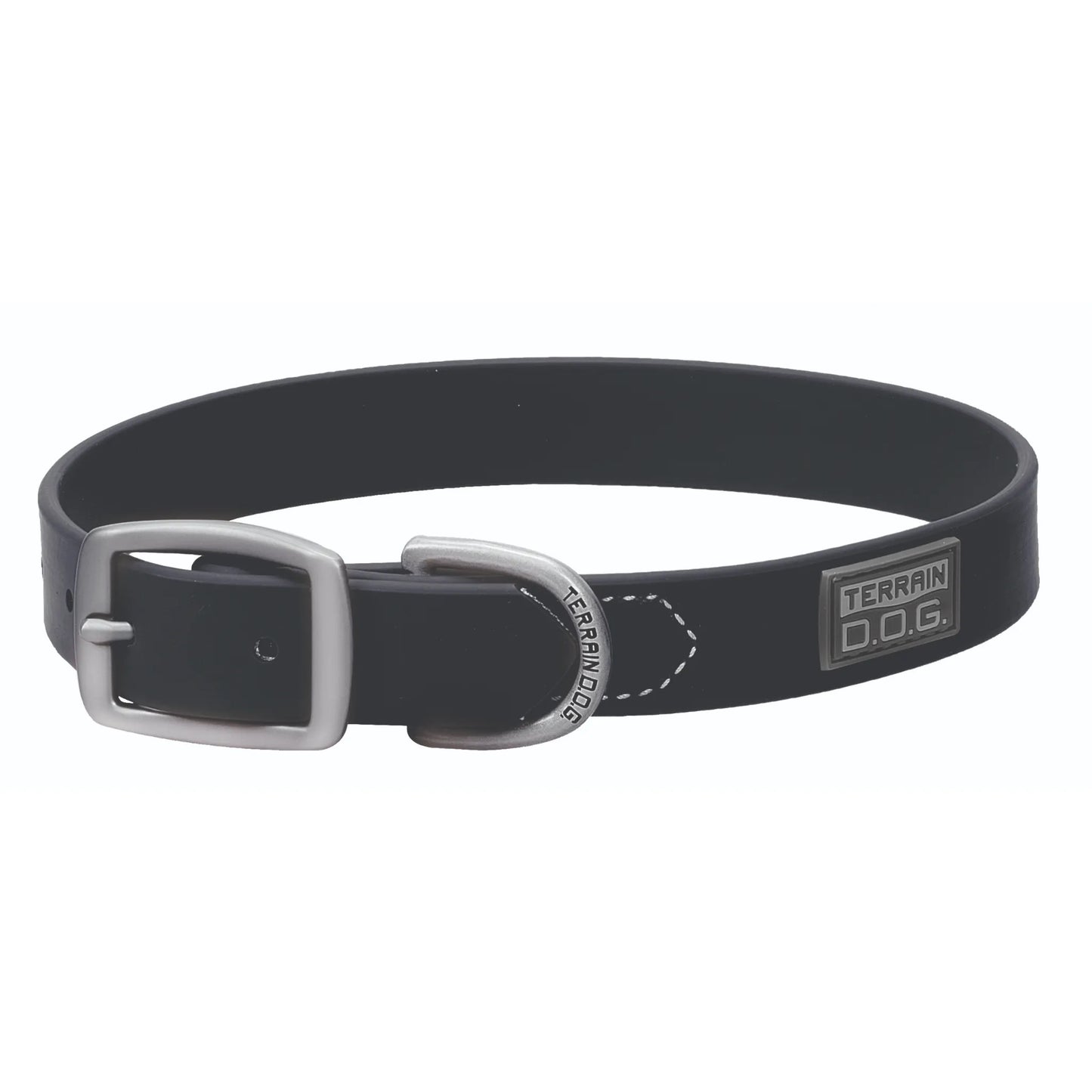 Black Weaver Leather Terrain D.O.G. Brahma Webb Dog Collar featuring a durable matte finish and silver-toned hardware. This waterproof and odor-resistant synthetic webbing collar includes a rugged buckle, a branded D-ring for leash attachment, and stylish contrast stitching. Perfect for active dogs and outdoor adventures, it offers the look of leather with superior durability for all-terrain use.