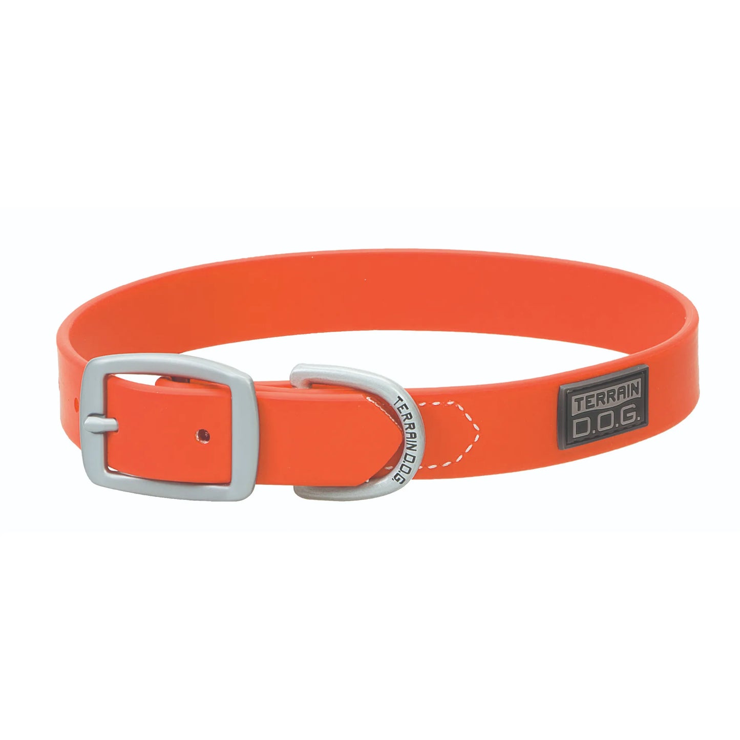 Weaver Leather Terrain D.O.G. Brahma Webb Dog Collar in vibrant blaze orange. This durable, waterproof synthetic webbing collar features matte silver hardware, including a sturdy buckle and D-ring engraved with the brand logo. Ideal for active outdoor adventures and hunting, this easy-clean, high-visibility dog collar combines rugged performance with a sleek design, making it perfect for any terrain and weather condition.