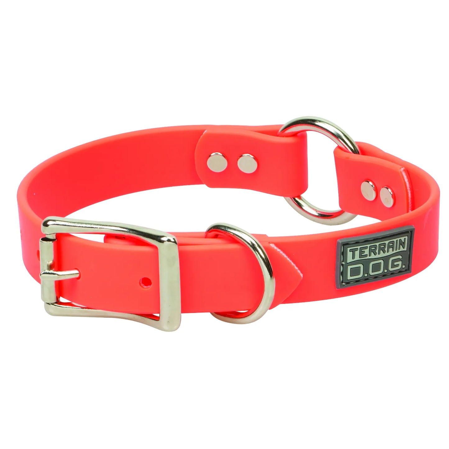 Weaver Leather Terrain D.O.G. Brahma Webb Hunting Dog Collar in high-visibility Blaze Orange. This 1" x 23" waterproof collar features a center safety ring, durable nickel-plated hardware, and a classic buckle design. Ideal for hunting, field training, and outdoor adventures, the odor-resistant synthetic leather is easy to clean and built for rugged terrain. A must-have for active dogs needing high-vis safety gear.