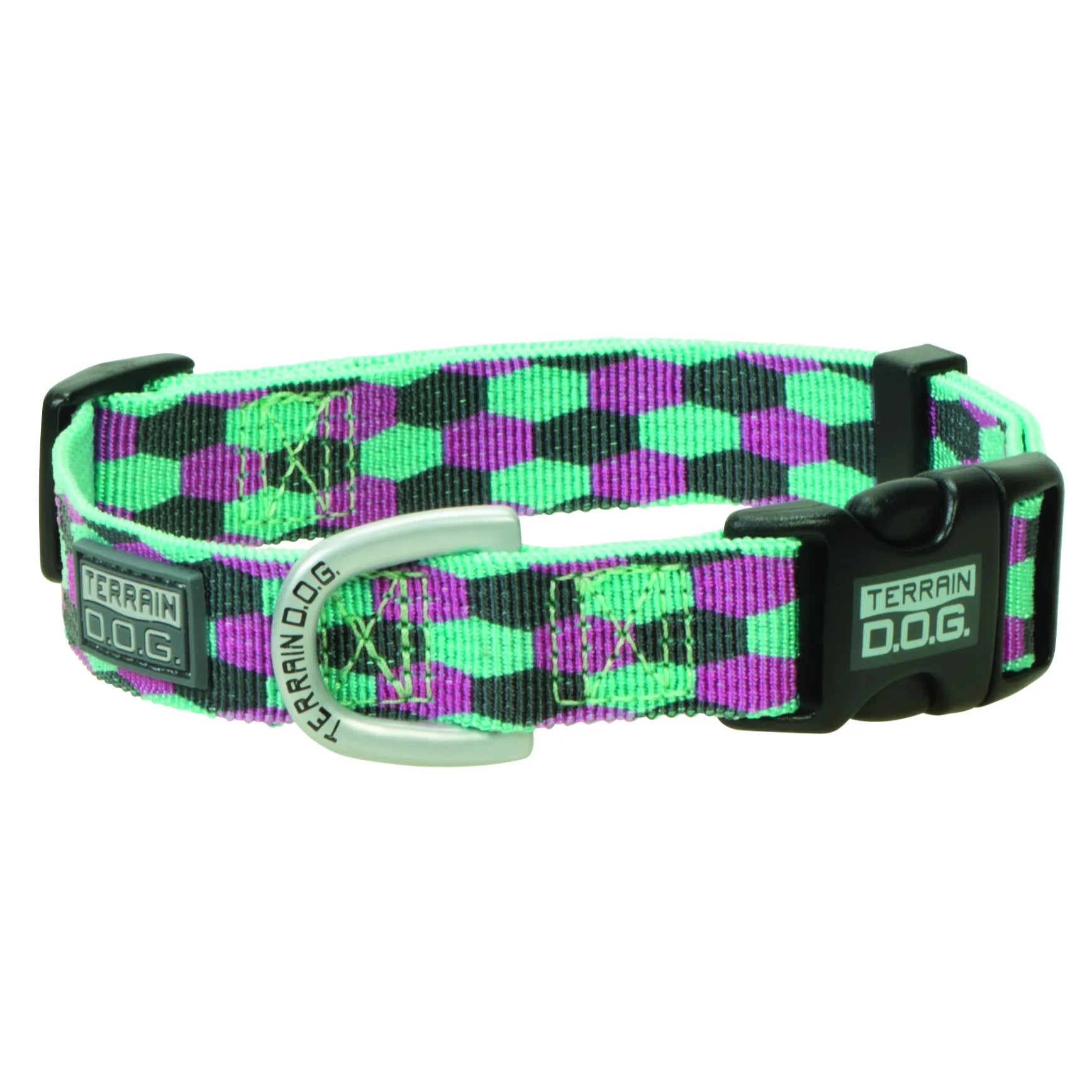 Weaver Leather Terrain D.O.G. dog collar featuring a stylish mint green, purple, and black checkered geometric pattern. This durable nylon collar includes a heavy-duty black quick-release buckle and a sturdy silver metal D-ring for secure leash attachment. Perfect for active pets, this adjustable and comfortable collar combines high-fashion design with rugged outdoor functionality.