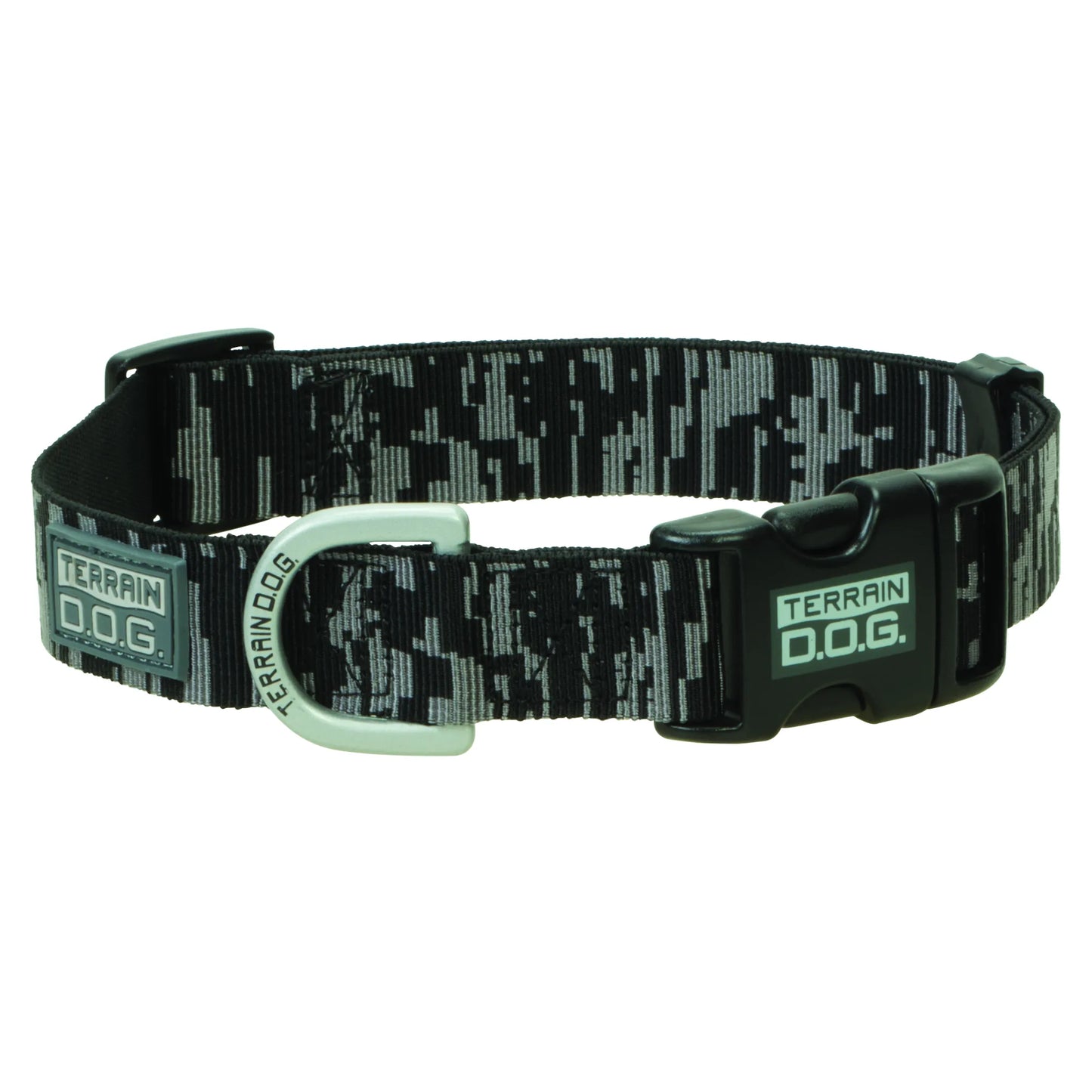 Weaver Leather Terrain D.O.G. collar featuring a stylish grey and black digital camo pattern. This durable dog collar includes a heavy-duty silver D-ring, a sturdy black quick-release buckle, and an adjustable slider for a comfortable fit. Perfect for active pups, this high-performance pet gear combines rugged utility with modern style, making it ideal for hiking and everyday outdoor adventures.