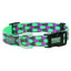 Weaver Leather Terrain D.O.G. adjustable nylon dog collar featuring a vibrant green, purple, and black geometric checkered pattern. This durable, adventure-ready pet accessory includes a heavy-duty black plastic side-release buckle, a matte silver metal D-ring engraved with the brand logo, and a grey rubberized Terrain D.O.G. patch. Perfect for stylish and active pups, this high-quality collar is designed for long-lasting comfort during daily walks and outdoor exploration.