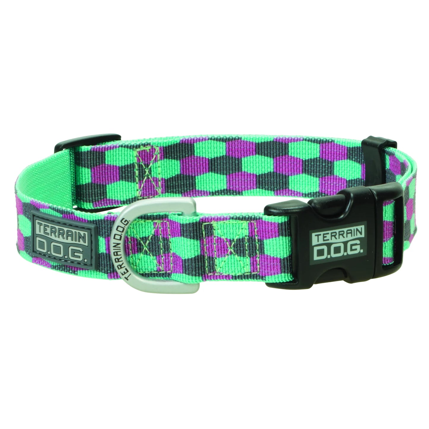 Weaver Leather Terrain D.O.G. adjustable nylon dog collar featuring a vibrant green, purple, and black geometric checkered pattern. This durable, adventure-ready pet accessory includes a heavy-duty black plastic side-release buckle, a matte silver metal D-ring engraved with the brand logo, and a grey rubberized Terrain D.O.G. patch. Perfect for stylish and active pups, this high-quality collar is designed for long-lasting comfort during daily walks and outdoor exploration.