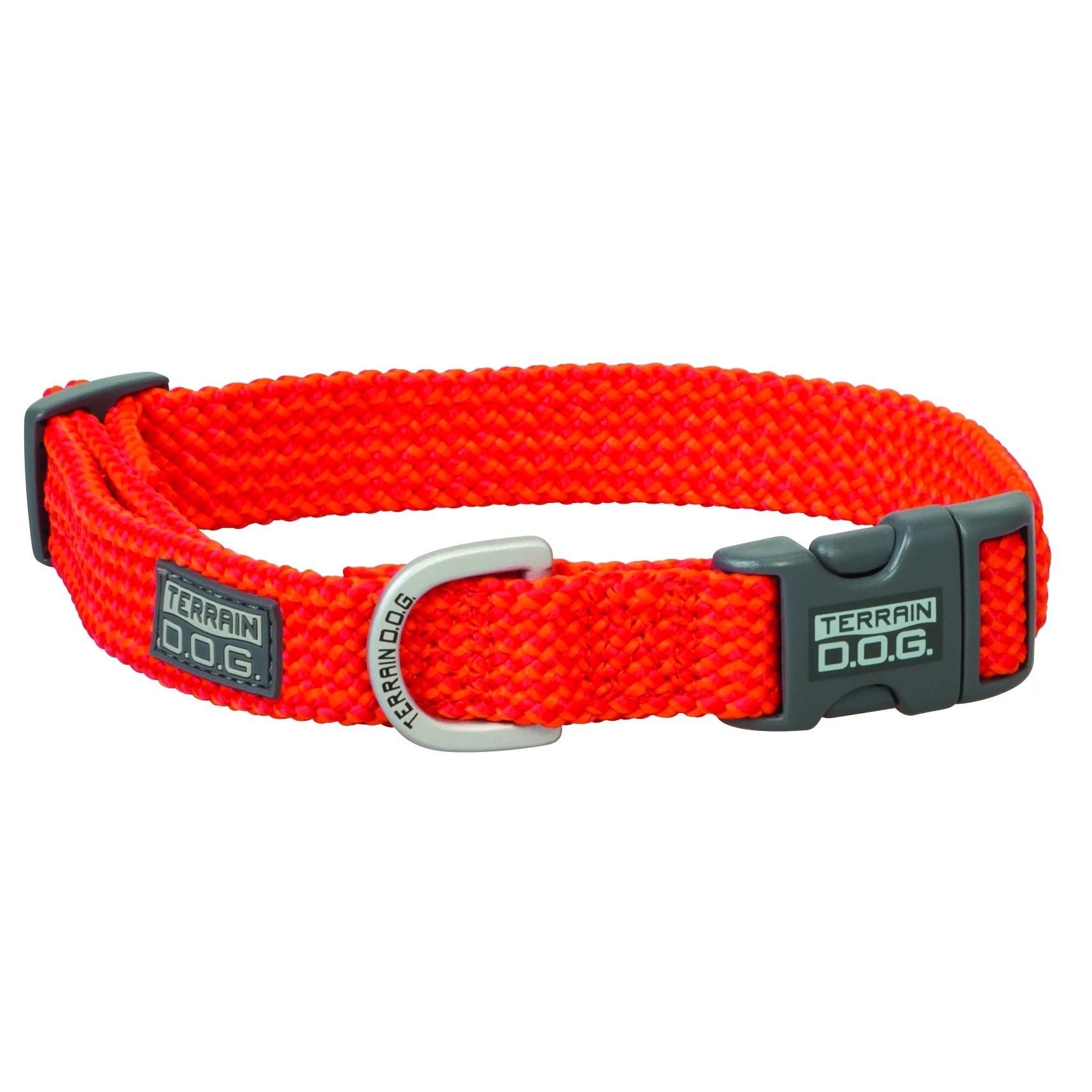 Terrain D.O.G. braided nylon dog collar in a vibrant safety orange. This heavy-duty, durable collar by Weaver Leather features a comfortable textured weave, a dark grey quick-release plastic buckle, and a rugged silver metal D-ring for leash attachment. An ideal choice for active dogs, hunting, and outdoor adventures, combining high visibility with a stylish and secure fit.