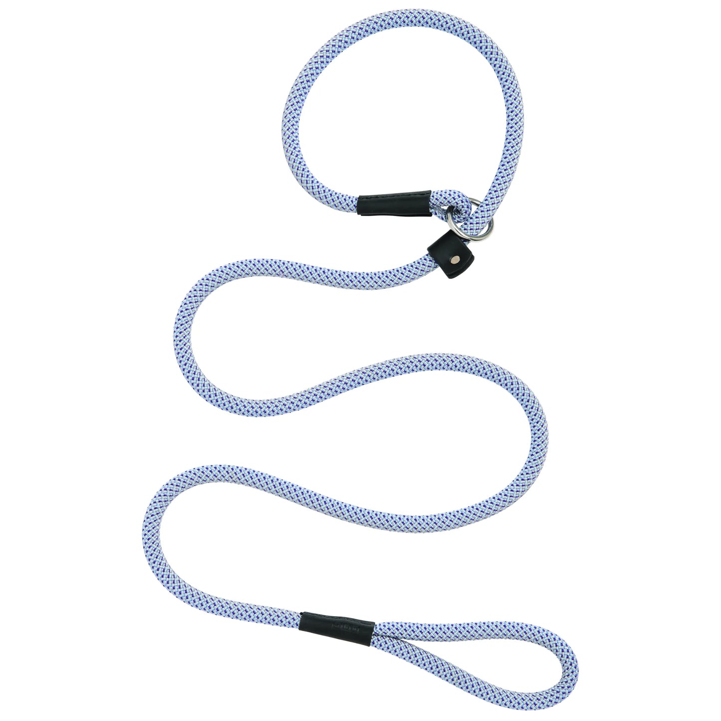 Weaver Leather Terrain D.O.G. Elevation Leash in a blue, purple, and white patterned climbing rope. This heavy-duty slip lead features high-tensile strength rope, black leather accents, and a sturdy metal O-ring for an adjustable, no-collar-needed fit. Perfect for dog training and outdoor adventures, this durable rope leash combines rugged performance with a stylish design for active pet owners.