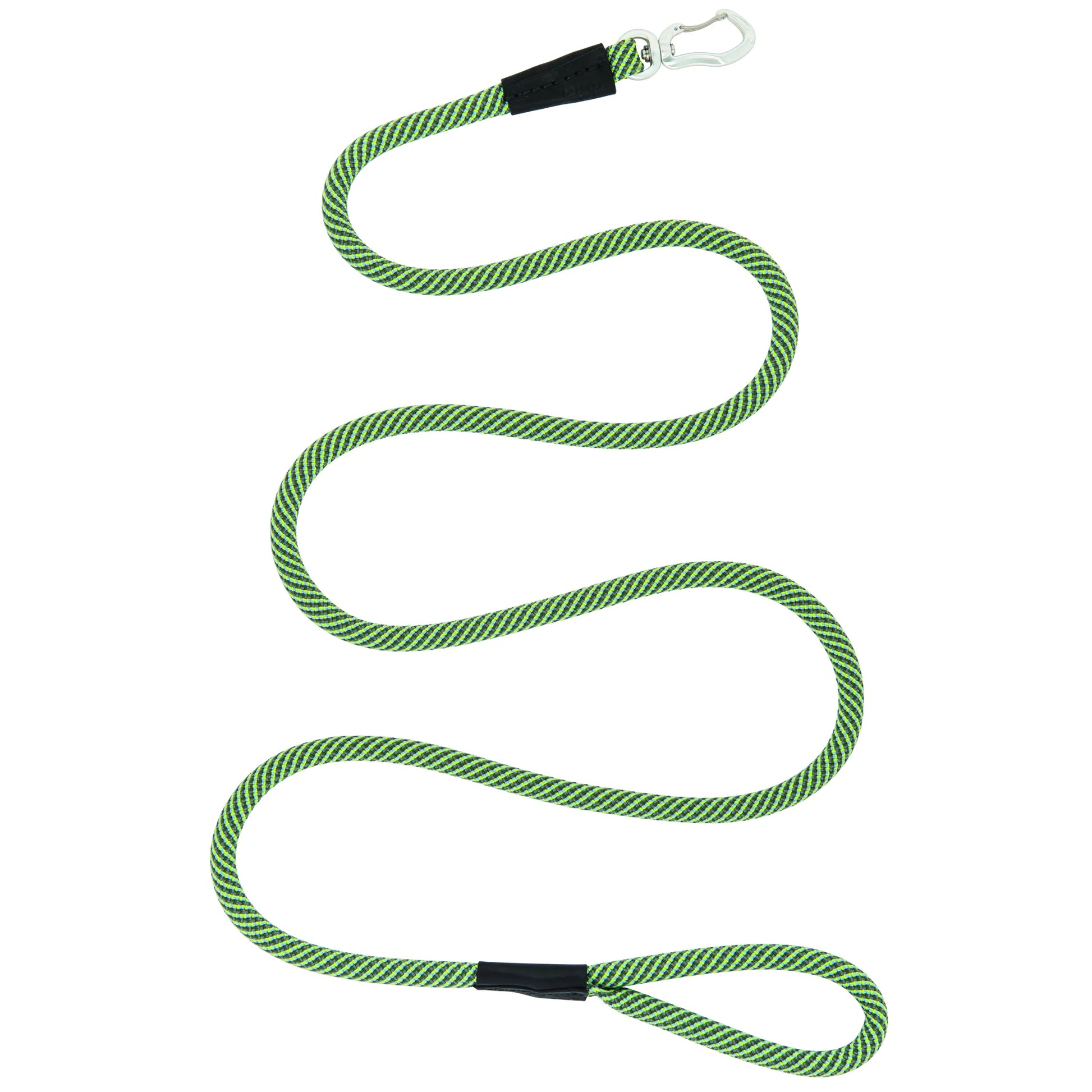Weaver Leather Terrain D.O.G. Elevation Leash in a vibrant lime green and black braided rope. This heavy-duty, mountain-climbing style dog leash features a durable silver swivel snap hook and a reinforced handle loop for maximum control. Perfect for outdoor adventures, hiking, and daily walks, its high-visibility design ensures safety and style on any terrain. A must-have accessory for active pets and their owners.