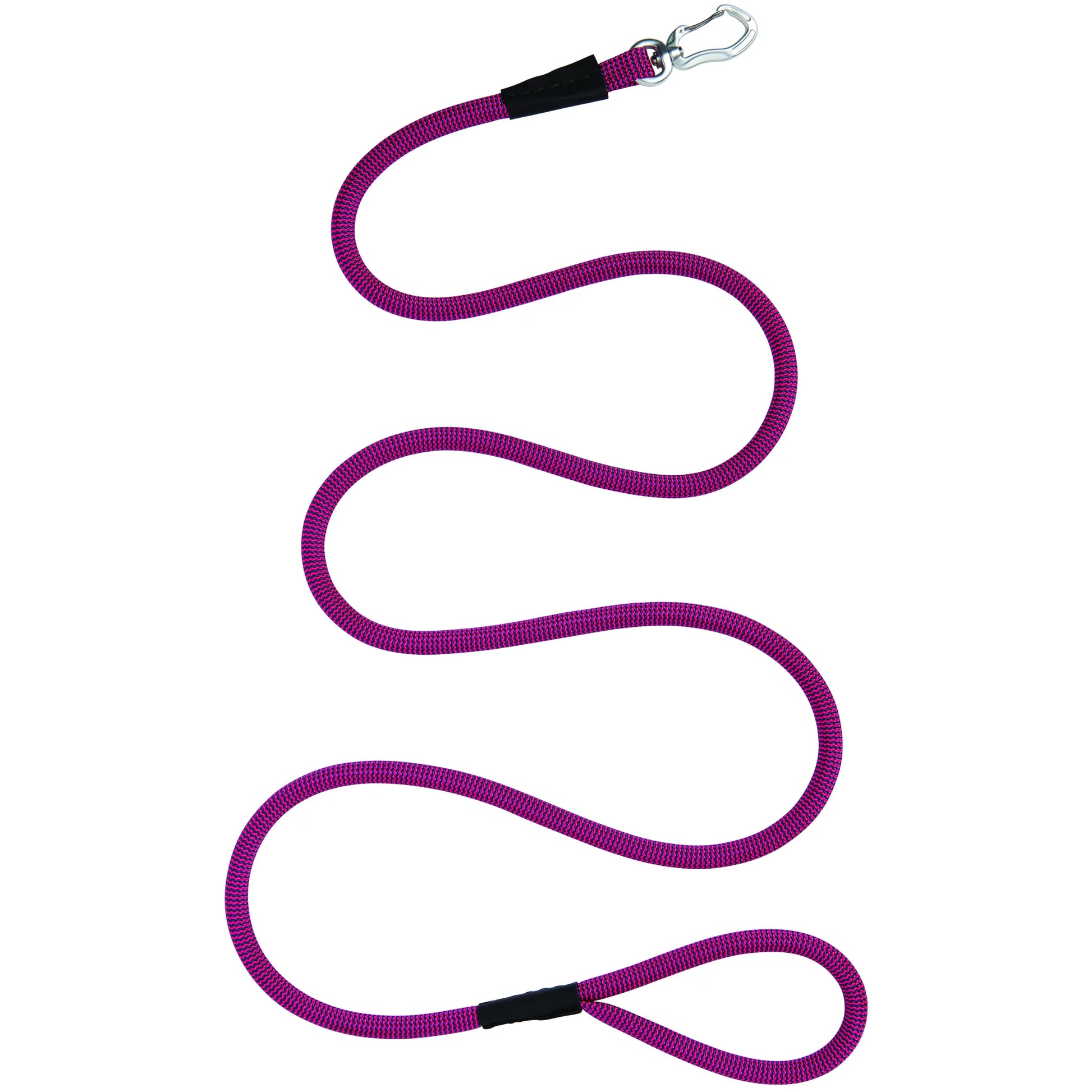 Weaver Leather Terrain D.O.G. Elevation Leash in magenta and black braided rope. This heavy-duty mountain climbing rope dog leash features a high-strength carabiner clip and a comfortable looped handle for secure control. Perfect for active dogs, hiking, and outdoor adventures, this durable purple rope leash offers both style and performance for rugged trails.