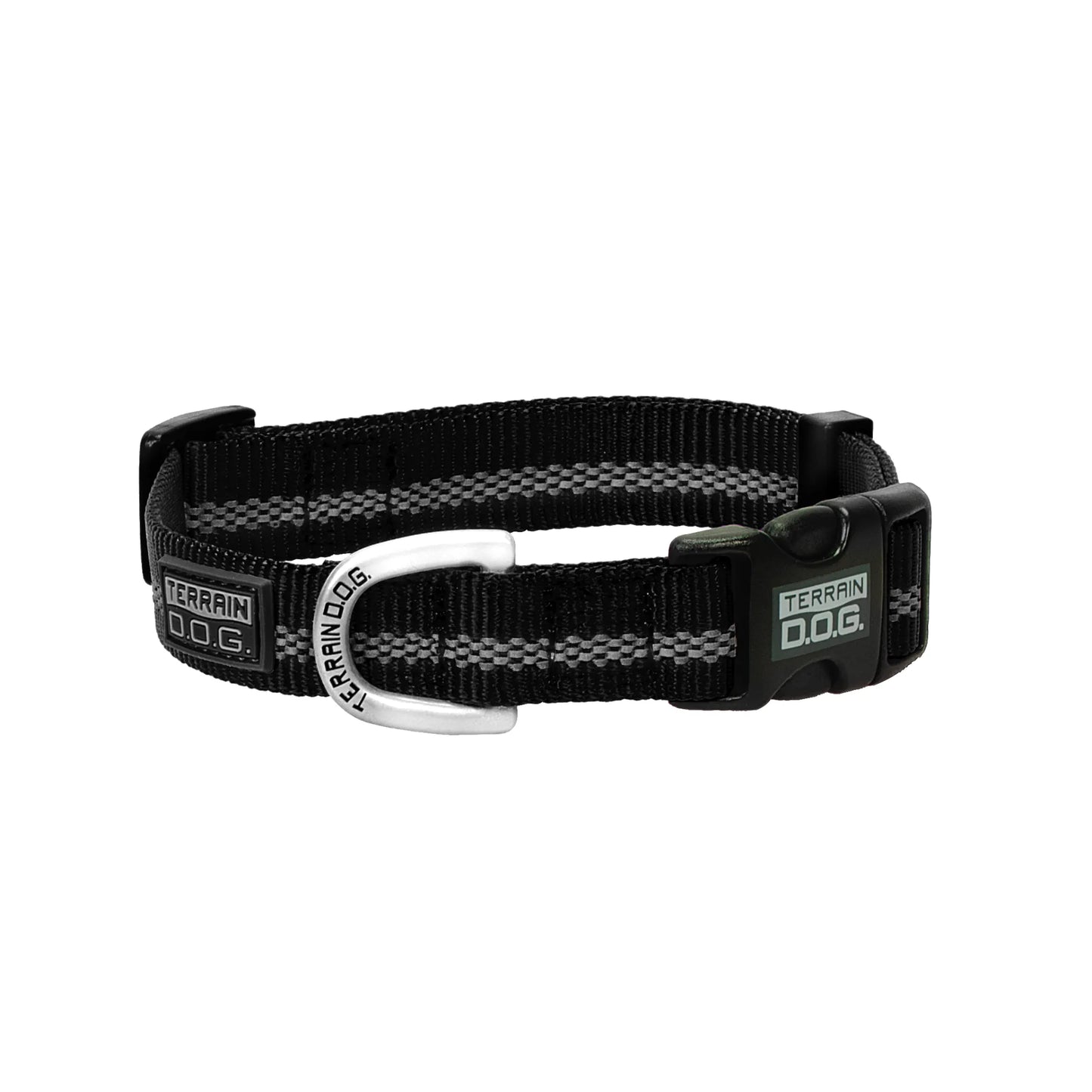 Weaver Leather Terrain D.O.G. Reflective Snap-n-Go Dog Collar in black with a high-visibility gray checkered reflective strip. This adjustable nylon collar features a heavy-duty silver metal D-ring for leash attachment and a secure black plastic quick-release buckle with the Terrain D.O.G. logo. Designed for durability and nighttime safety, it's the perfect blend of rugged style and functionality for active dogs on the go.