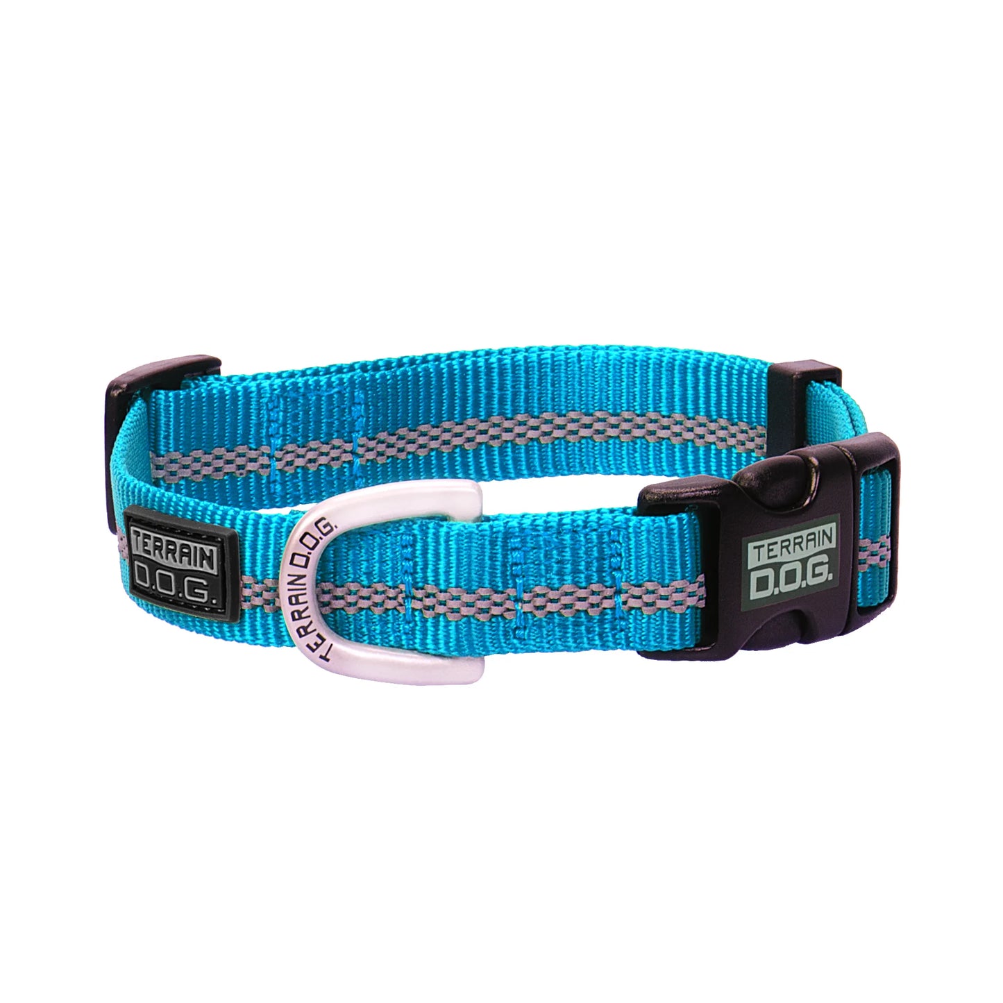Bright teal Weaver Leather Terrain D.O.G. Reflective Snap-n-Go Dog Collar designed for safety and style. This durable turquoise nylon collar features a high-visibility reflective center stripe, a secure black side-release buckle, and a premium matte silver D-ring with engraved branding. Perfect for outdoor adventures and keeping your pet visible during night-time walks.