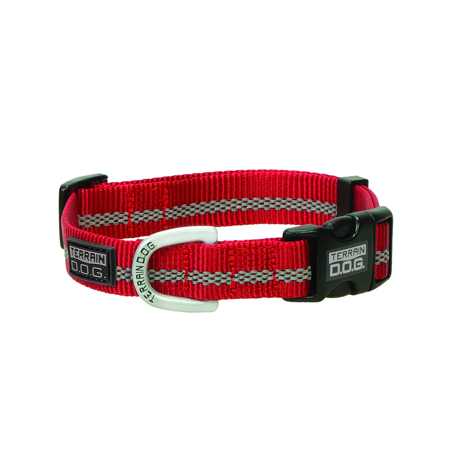 Bright red Weaver Leather Terrain D.O.G. Reflective Snap-n-Go dog collar featuring durable nylon webbing with a high-visibility gray reflective strip. This adjustable safety collar includes a sturdy silver metal D-ring for leashes, a secure black plastic side-release buckle, and branding on the hardware and a rubber patch. Perfect for outdoor adventures and nighttime visibility, this rugged pet accessory blends safety and style for active dogs.