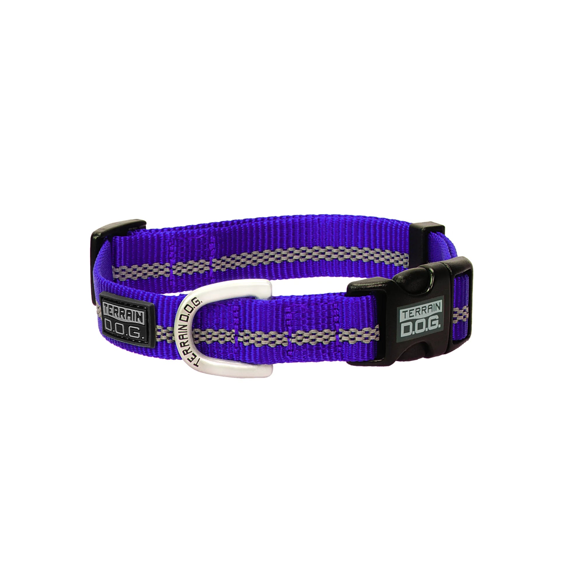 Purple Weaver Leather Terrain D.O.G. Reflective Snap-n-Go Collar featuring durable purple nylon webbing with a high-visibility reflective checkered strip. This heavy-duty dog collar includes a secure black quick-release buckle, a silver D-ring for easy leash attachment, and a rubberized brand tag. A stylish and safe choice for night walks and outdoor adventures with your active pet.