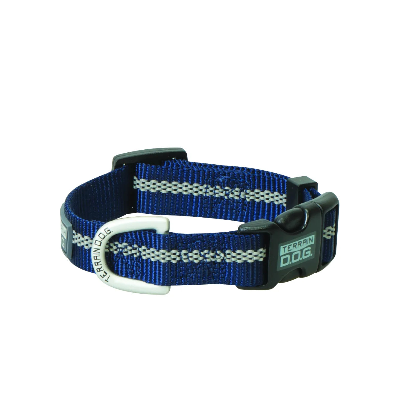 Royal blue Weaver Leather Terrain D.O.G. Reflective Snap-n-Go Dog Collar featuring a high-visibility silver reflective stripe on durable nylon webbing. This adjustable pet collar includes a secure black plastic side-release buckle and a sturdy silver metal D-ring for leash attachment. Perfect for night safety and outdoor adventures, combining style and function for active dogs.