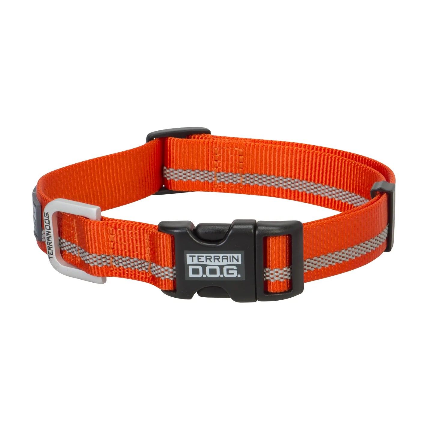 Weaver Leather Terrain D.O.G. Reflective Snap-n-Go Collar in bright orange. This high-visibility nylon dog collar features a center reflective strip for safety, a durable black plastic side-release buckle, and a silver metal D-ring for leash attachment. Adjustable and rugged, it's the perfect safety collar for active dogs on nighttime walks or outdoor adventures.