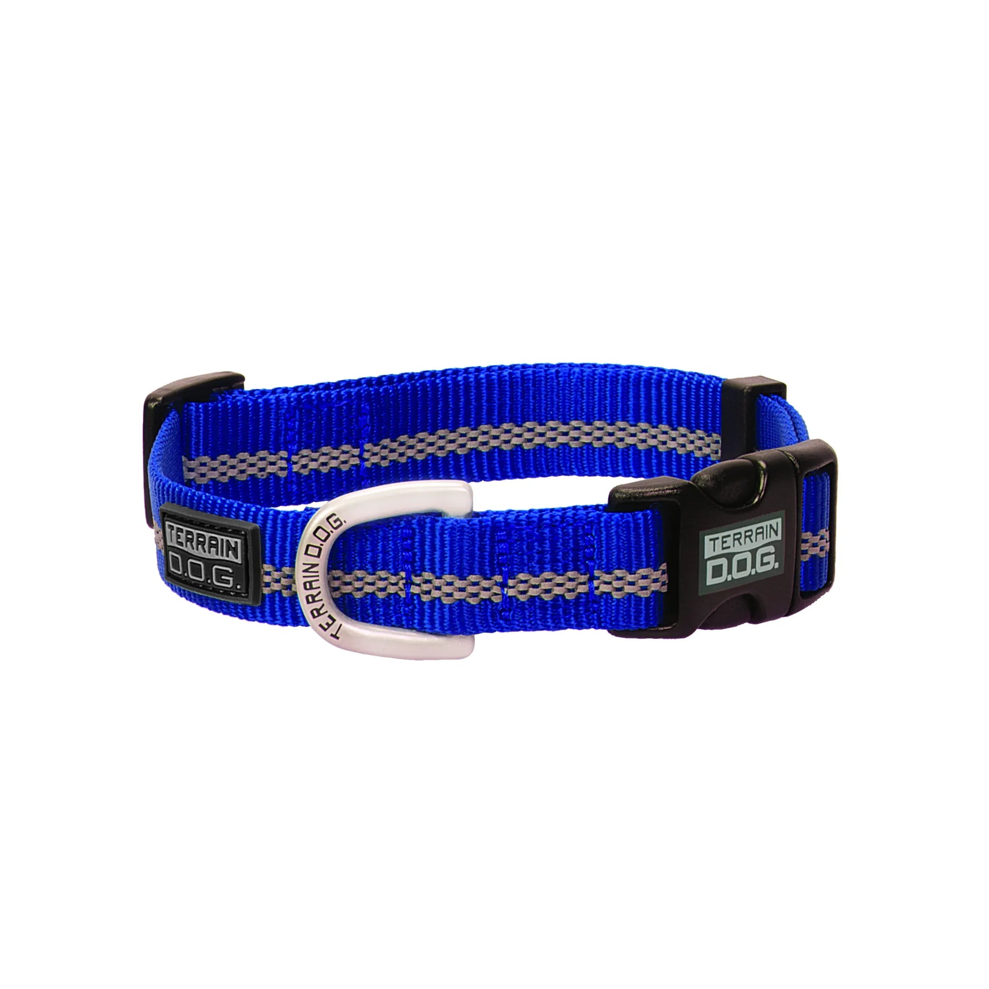 Weaver Leather Terrain D.O.G. Reflective Snap-n-Go Dog Collar in royal blue. This durable nylon collar features a silver reflective stripe for nighttime visibility, a quick-release black buckle, and a matte aluminum D-ring. Perfect for active dogs, this high-visibility, adjustable collar offers both safety and style for outdoor adventures and daily walks.