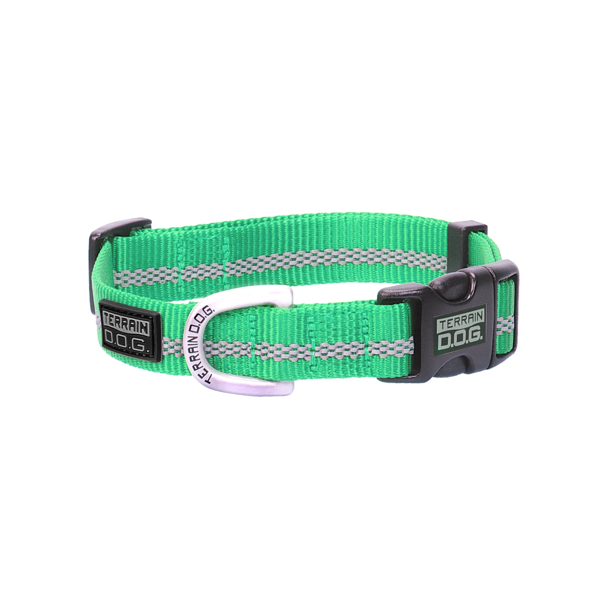 Vibrant lime green Terrain D.O.G. Snap-n-Go Dog Collar featuring reflective gray stitching for enhanced nighttime visibility and safety. This durable Weaver Leather nylon collar includes a sturdy black plastic side-release buckle, a branded silver metal D-ring for leashes, and a stylish black rubber logo patch. A high-visibility, outdoor-ready accessory perfect for active dogs on the go.