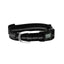 Weaver Leather Terrain D.O.G. Reflective Snap-n-Go Collar in black nylon with a grey reflective checkered safety strip. Features a quick-release plastic snap buckle, adjustable slide for a custom fit, and a durable silver aluminum D-ring with engraved branding. This high-visibility, heavy-duty pet collar is designed for safety, style, and outdoor adventures, making it a must-have accessory for active dogs and nighttime visibility.