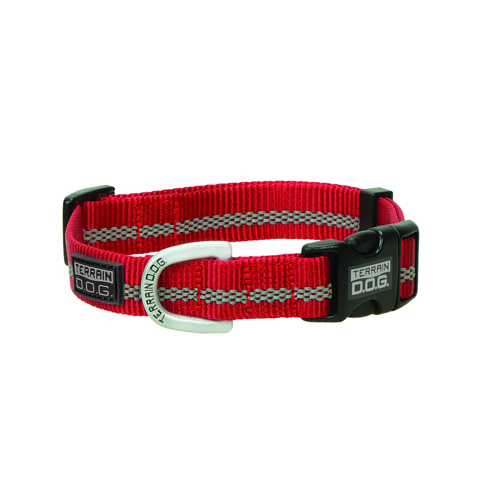 Red Weaver Leather Terrain D.O.G. Reflective Snap-n-Go Collar for safety and style. This durable red nylon dog collar features a prominent grey reflective strip for high visibility, a sturdy silver-toned branded D-ring, and a quick-release black snap buckle. Perfect for active dogs on outdoor adventures, this adjustable collar ensures your pet is seen and secure during nighttime walks.