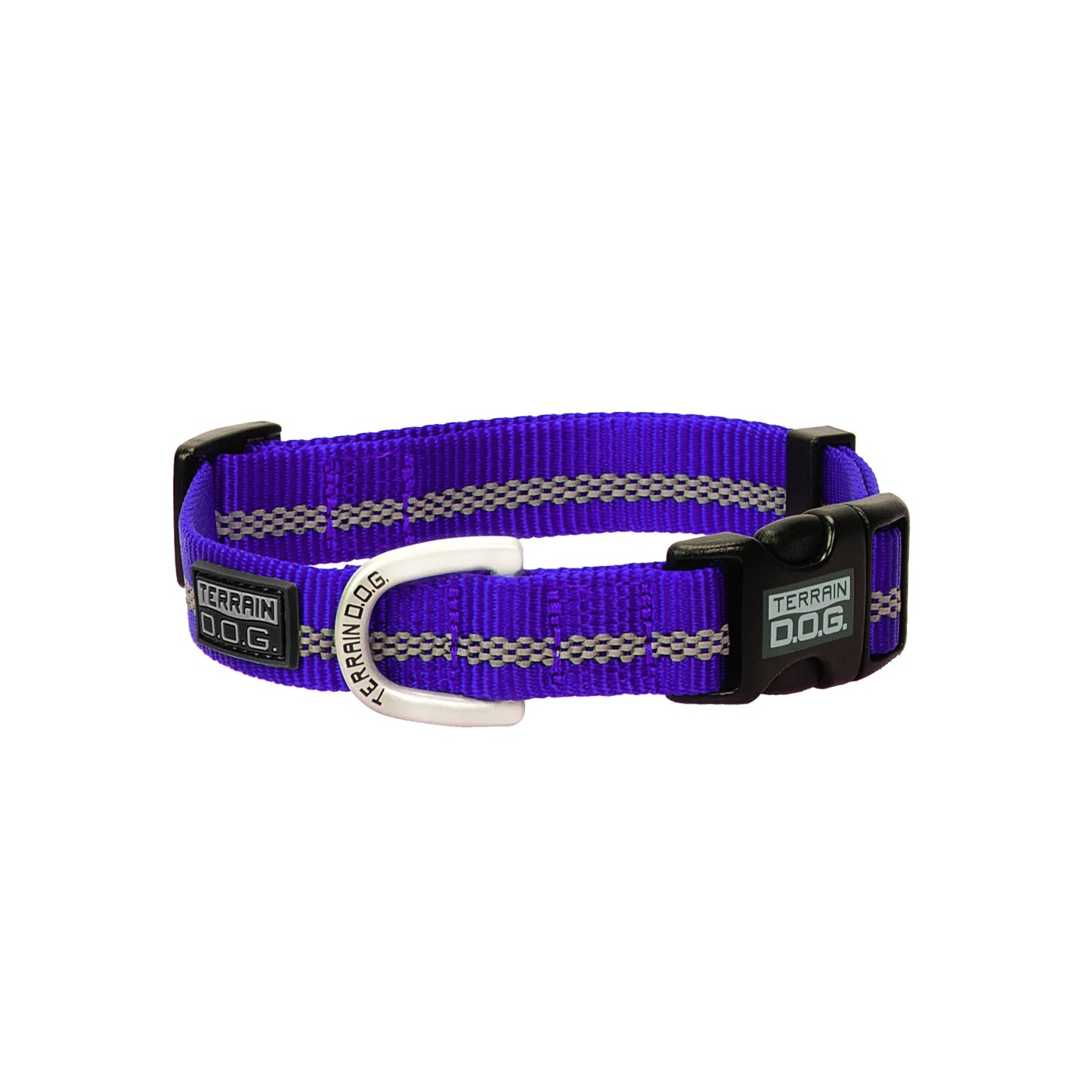 Terrain D.O.G. Reflective Snap-n-Go Dog Collar in vibrant royal blue by Weaver Leather. This durable nylon dog collar features a silver checkered reflective stripe for enhanced visibility and night safety. It includes a heavy-duty silver D-ring with logo engraving and a secure black plastic quick-release buckle. A stylish and functional pet accessory designed for active dogs and low-light walks.