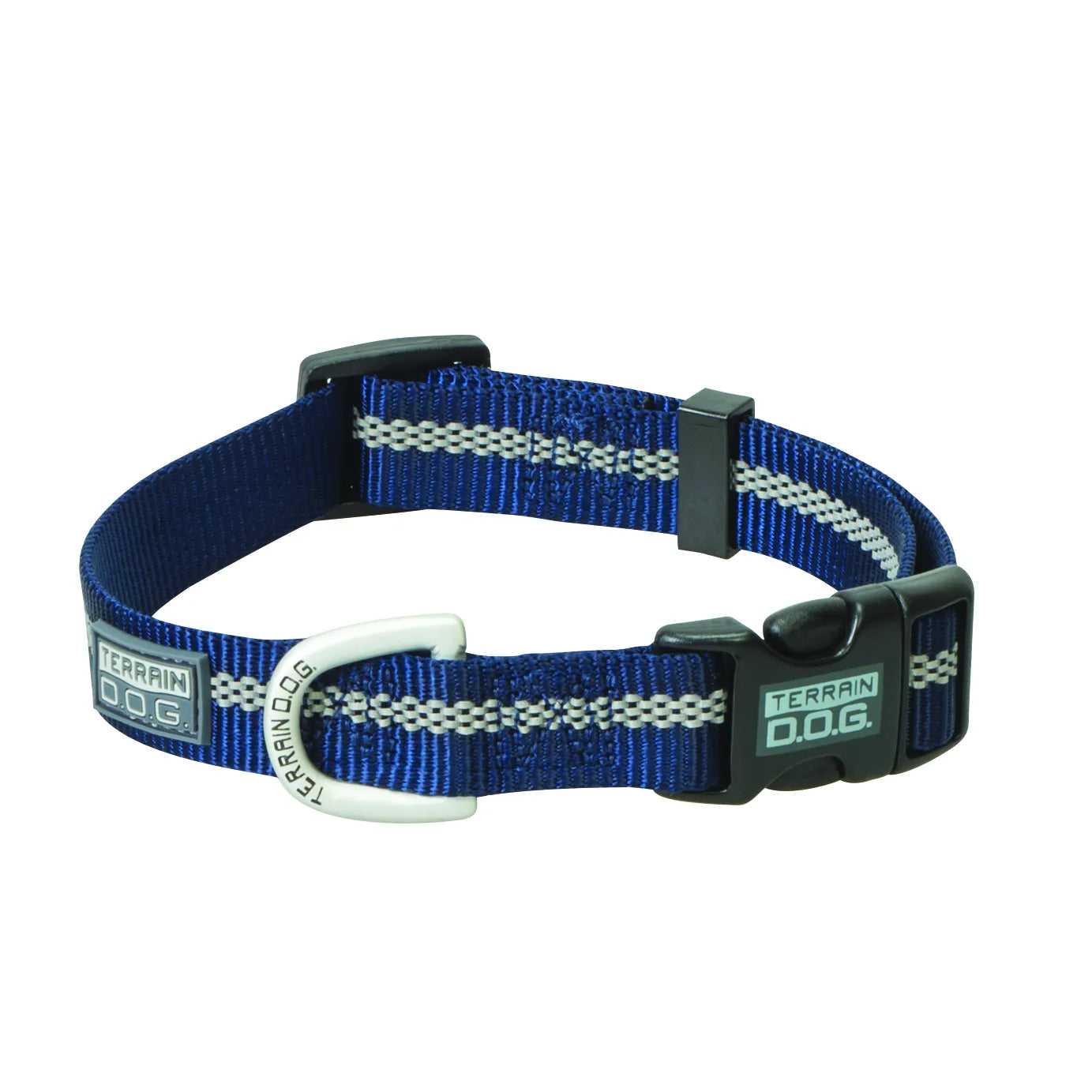Weaver Leather Terrain D.O.G. Reflective Snap-n-Go Collar in royal blue nylon. This durable, adjustable pet collar features a prominent reflective silver strip for enhanced nighttime safety and visibility. Includes a sturdy black plastic side-release buckle and a heavy-duty silver D-ring for secure leash attachment. Perfect for active dogs on outdoor adventures, combining rugged performance with a sleek, stylish design.