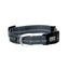 Blue Weaver Leather Terrain D.O.G. Reflective Snap-n-Go Collar featuring durable nylon webbing with dual high-visibility reflective strips. This adjustable pet collar includes a heavy-duty black quick-release buckle and a branded silver-tone metal D-ring for leash attachment. Designed for outdoor safety and style, it's the perfect gear for active dogs on nighttime walks and rugged adventures.