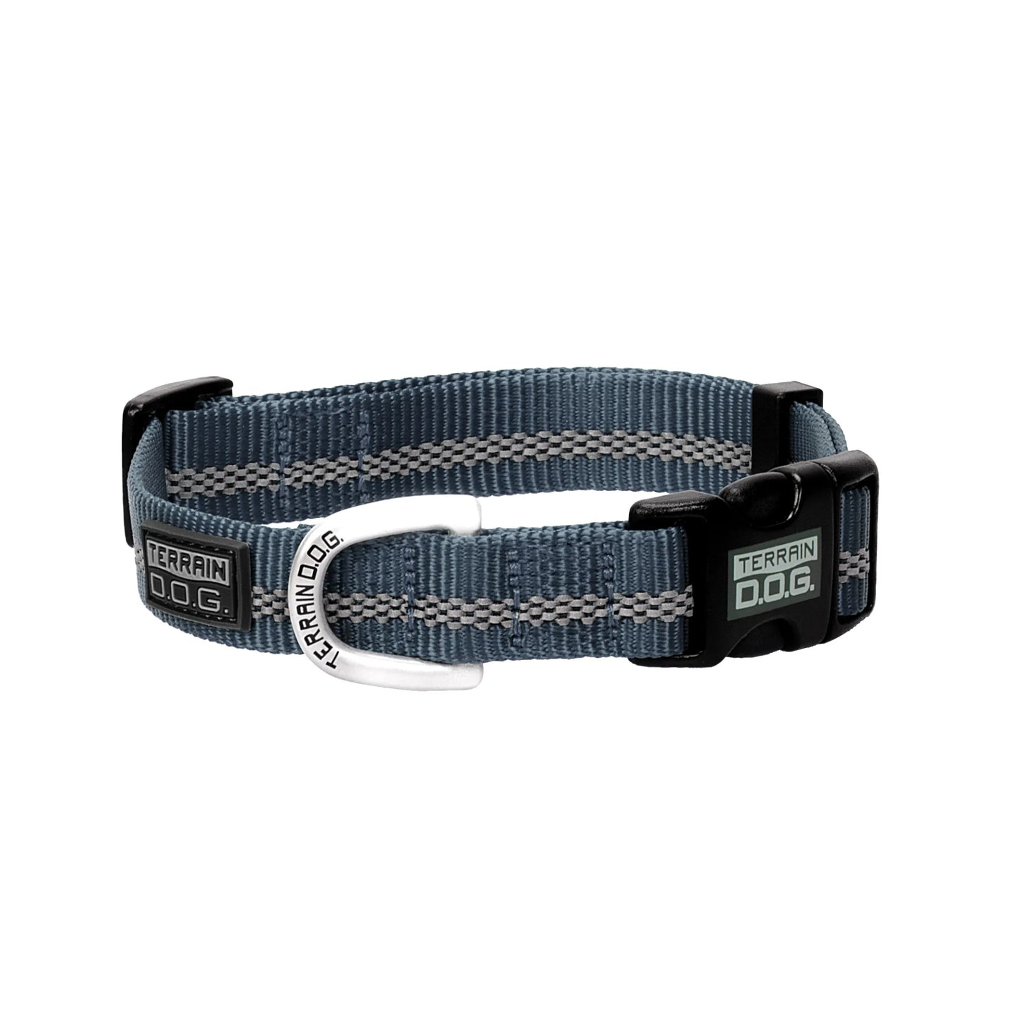 Blue Weaver Leather Terrain D.O.G. Reflective Snap-n-Go Collar featuring durable nylon webbing with dual high-visibility reflective strips. This adjustable pet collar includes a heavy-duty black quick-release buckle and a branded silver-tone metal D-ring for leash attachment. Designed for outdoor safety and style, it's the perfect gear for active dogs on nighttime walks and rugged adventures.