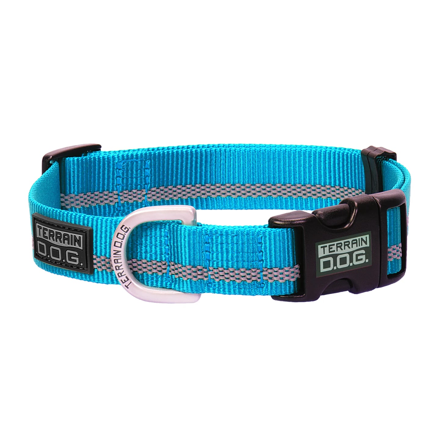 Weaver Leather Terrain D.O.G. Reflective Snap-n-Go Collar in vibrant teal blue. This durable nylon dog collar features a silver reflective safety strip for nighttime visibility, a sturdy silver metal D-ring with brand engraving, and a convenient black quick-release buckle. Perfect for outdoor adventures and daily walks, this adjustable collar combines safety and style for active dogs.