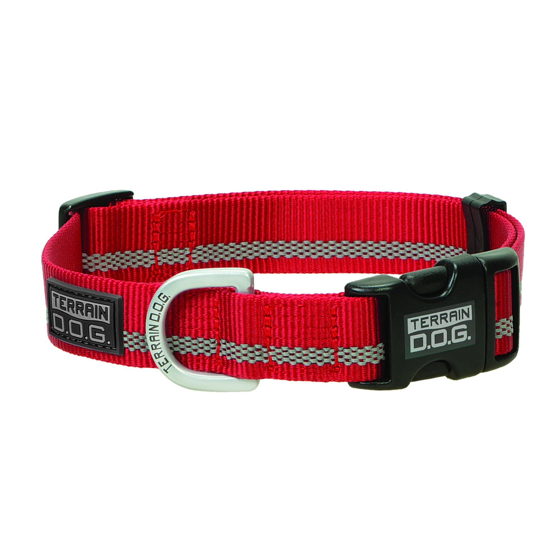 Vibrant red Weaver Leather Terrain D.O.G. Reflective Snap-n-Go Collar designed for safety and style. This heavy-duty nylon dog collar features a high-visibility silver reflective stripe, a secure black plastic side-release buckle, and a premium metal D-ring. Perfect for nighttime walks and outdoor excursions, this adjustable pet accessory combines durability with a sleek design for active dogs.