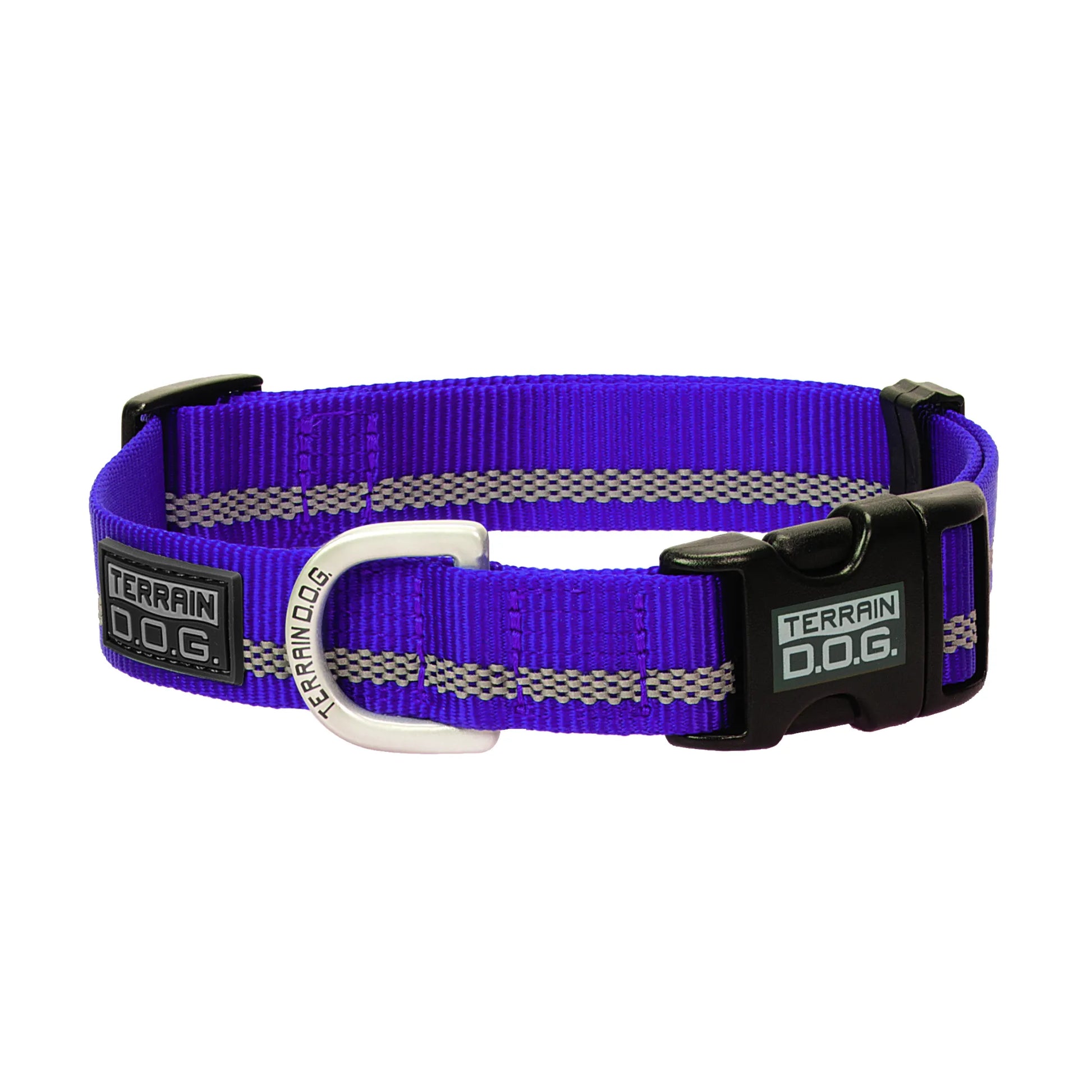 Weaver Leather Terrain D.O.G. Reflective Snap-n-Go purple dog collar crafted from durable nylon webbing with a high-visibility silver reflective strip for nighttime safety. This adjustable dog collar features a secure black plastic quick-release buckle and a sturdy silver D-ring engraved with the Terrain D.O.G. logo. A perfect blend of style and function for active dogs, ensuring comfort and visibility during outdoor adventures and daily walks.
