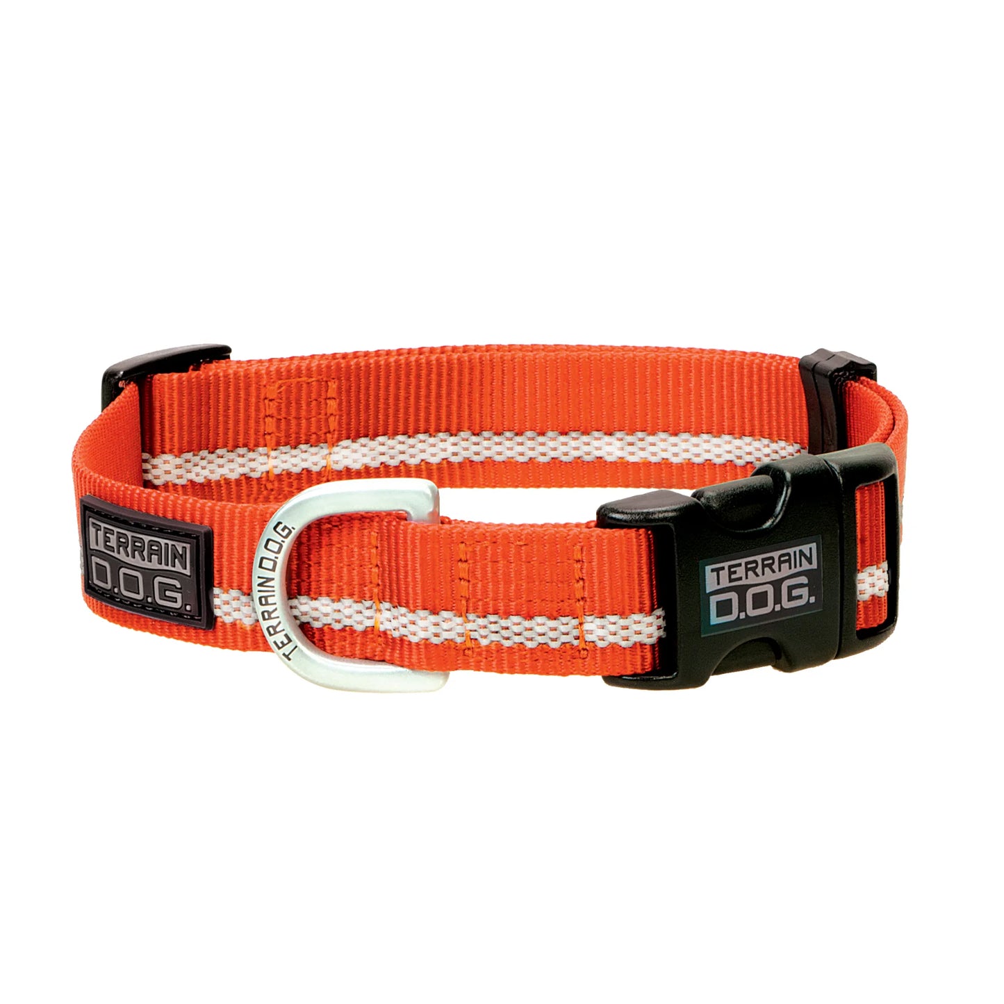 Weaver Leather Terrain D.O.G. Reflective Snap-n-Go Collar in blaze orange. This durable nylon dog collar features a high-visibility reflective center stripe, a heavy-duty black plastic side-release buckle, and a silver-finished D-ring engraved with the Terrain D.O.G. logo. Designed for safety and style, this adjustable orange dog collar is perfect for nighttime visibility during outdoor adventures, hiking, or hunting.