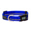 Weaver Leather Terrain D.O.G. Reflective Snap-n-Go Dog Collar in bright blue nylon with a high-visibility reflective stripe for pet safety. This durable, adjustable collar features a black quick-release buckle and a matte silver D-ring with Terrain D.O.G. branding. Ideal for active dogs and nighttime visibility, combining rugged performance with a sleek design for outdoor adventures.