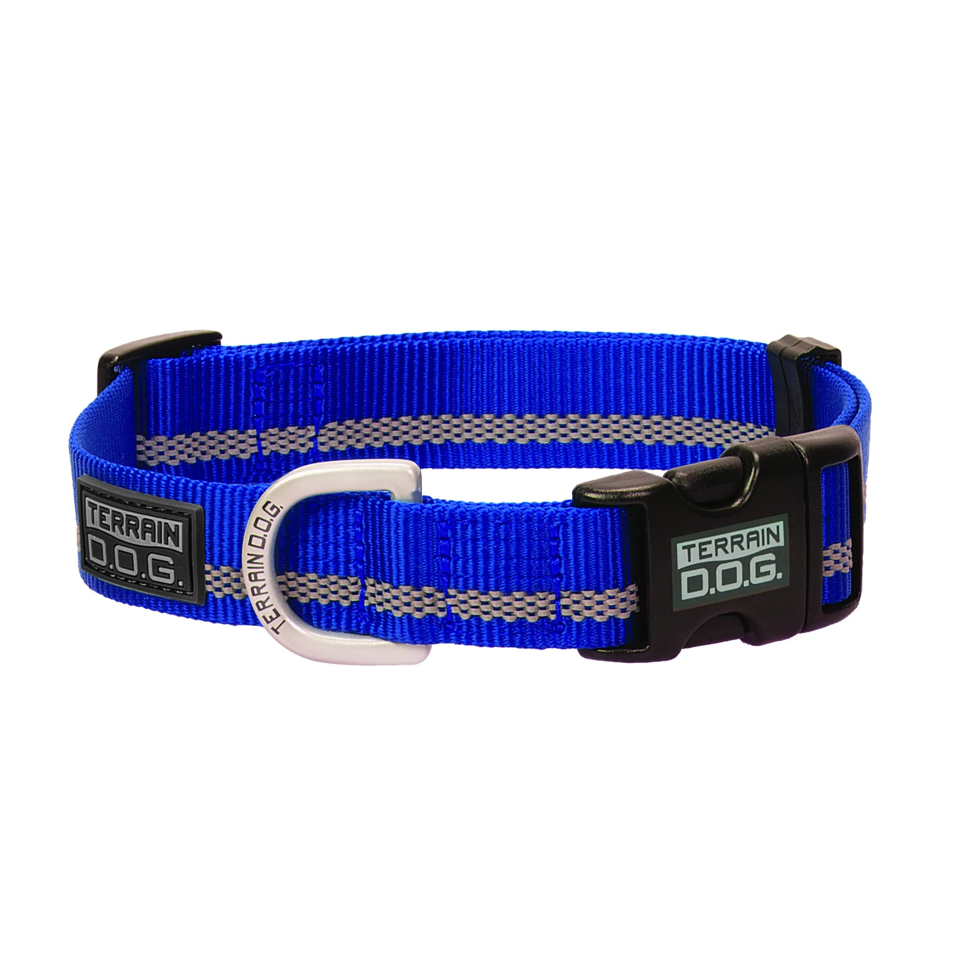 Weaver Leather Terrain D.O.G. Reflective Snap-n-Go Dog Collar in bright blue nylon with a high-visibility reflective stripe for pet safety. This durable, adjustable collar features a black quick-release buckle and a matte silver D-ring with Terrain D.O.G. branding. Ideal for active dogs and nighttime visibility, combining rugged performance with a sleek design for outdoor adventures.