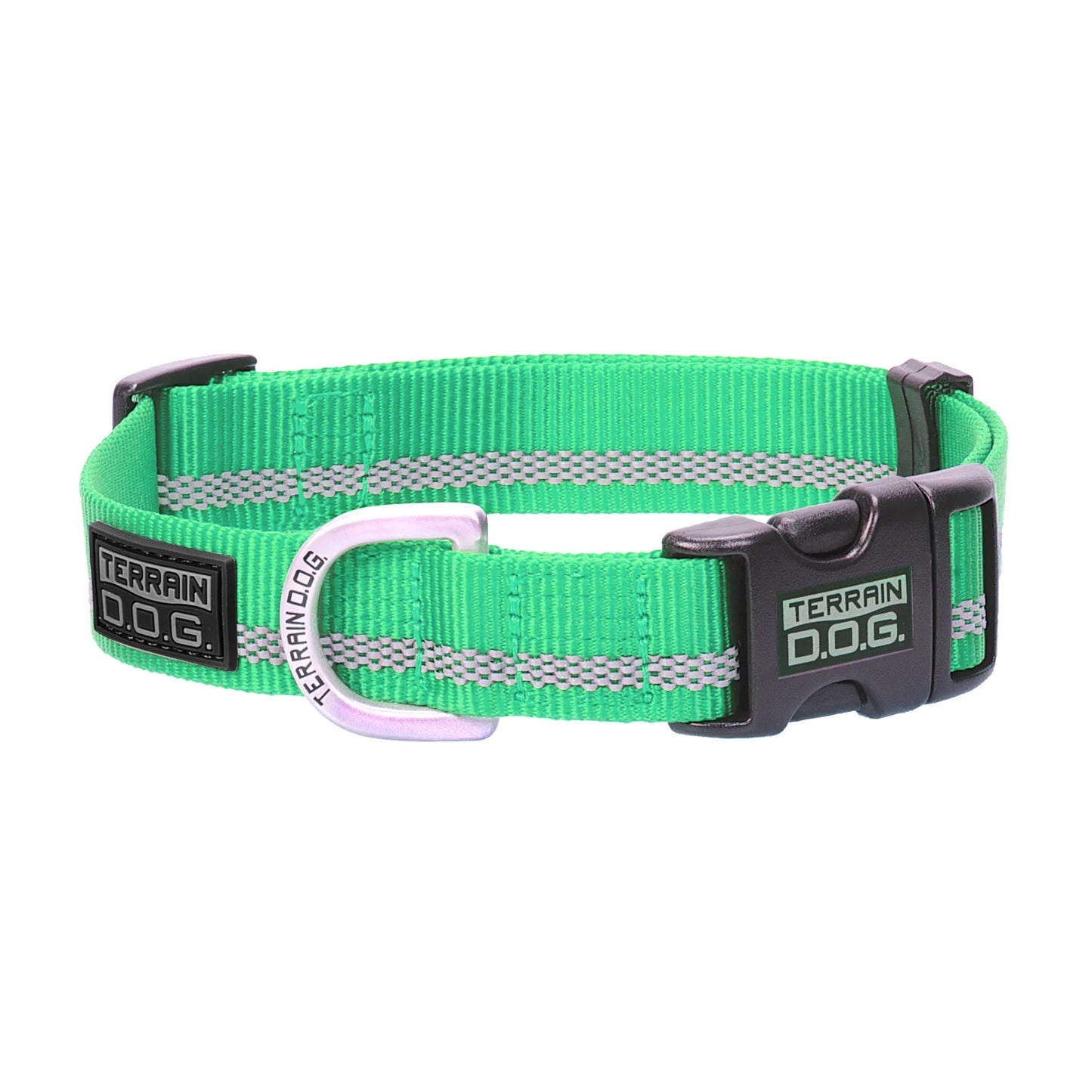 Vibrant neon green Weaver Leather Terrain D.O.G. Reflective Snap-n-Go Collar featuring high-visibility reflective stitching for maximum safety. This durable nylon dog collar includes a rugged black side-release buckle and a premium silver-tone D-ring engraved with the Terrain D.O.G. logo. Perfect for active pets and night walks, this stylish, adjustable collar combines rugged durability with high-vis performance for any outdoor adventure.