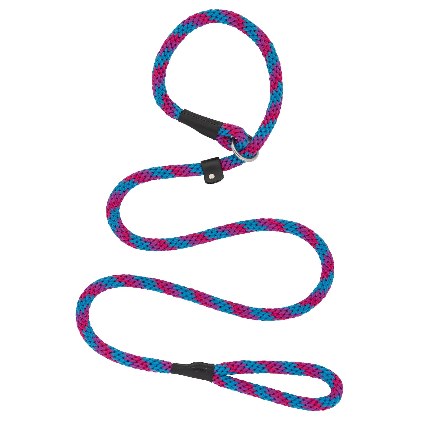 Weaver Leather Terrain D.O.G. Slip Lead in vibrant teal, magenta, and purple braided rope. This ultimate dog training leash features durable rope construction with heavy-duty leather reinforcements and a sliding leather stopper. The integrated slip collar design is perfect for professional training, leash walking, and quick control. High-quality, durable dog lead with a metal O-ring and hand loop, ideal for active dogs and outdoor adventures.
