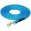 Weaver Leather Terrain D.O.G. Training Lead featuring a vibrant blue braided rope with orange reflective tracers. This durable, long dog training leash is coiled neatly, showcasing its heavy-duty silver swivel snap hook and rugged black protective sleeve. Ideal for outdoor adventures, recall training, and hiking, this high-visibility pet gear combines strength and style for active dogs and their owners.