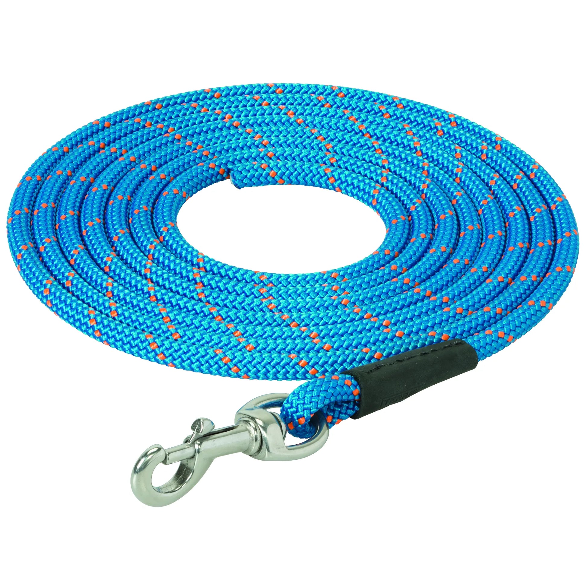 Weaver Leather Terrain D.O.G. Training Lead featuring a vibrant blue braided rope with orange reflective tracers. This durable, long dog training leash is coiled neatly, showcasing its heavy-duty silver swivel snap hook and rugged black protective sleeve. Ideal for outdoor adventures, recall training, and hiking, this high-visibility pet gear combines strength and style for active dogs and their owners.