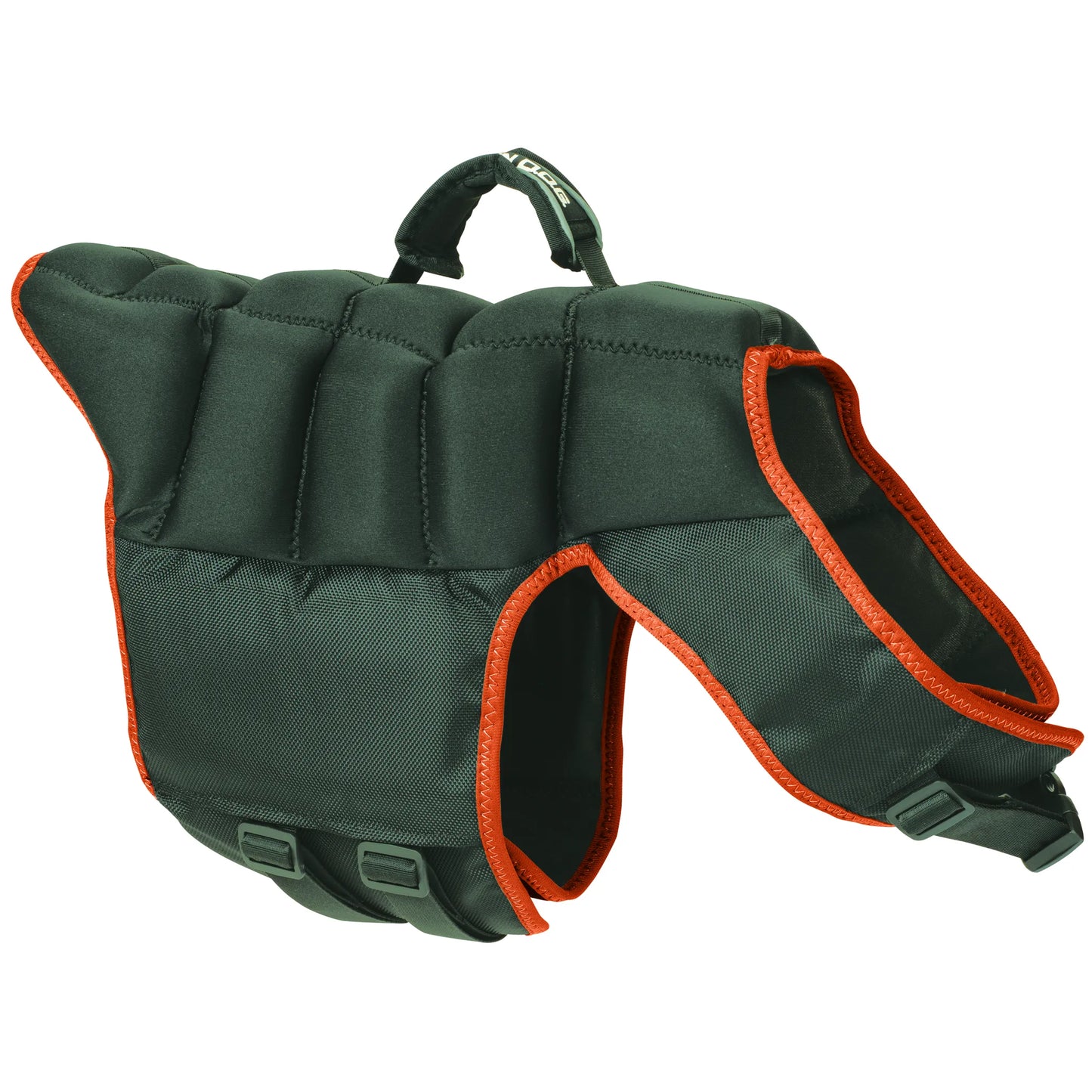Weaver Leather Terrain Dog Swim Vest in forest green with high-visibility orange trim. This buoyant dog life jacket features segmented foam panels for maximum range of motion, a reinforced top grab handle for safety, and adjustable chest and belly straps with secure buckles. Durable and stylish, it’s the perfect pet life vest for swimming, boating, and beach adventures with your furry friend.