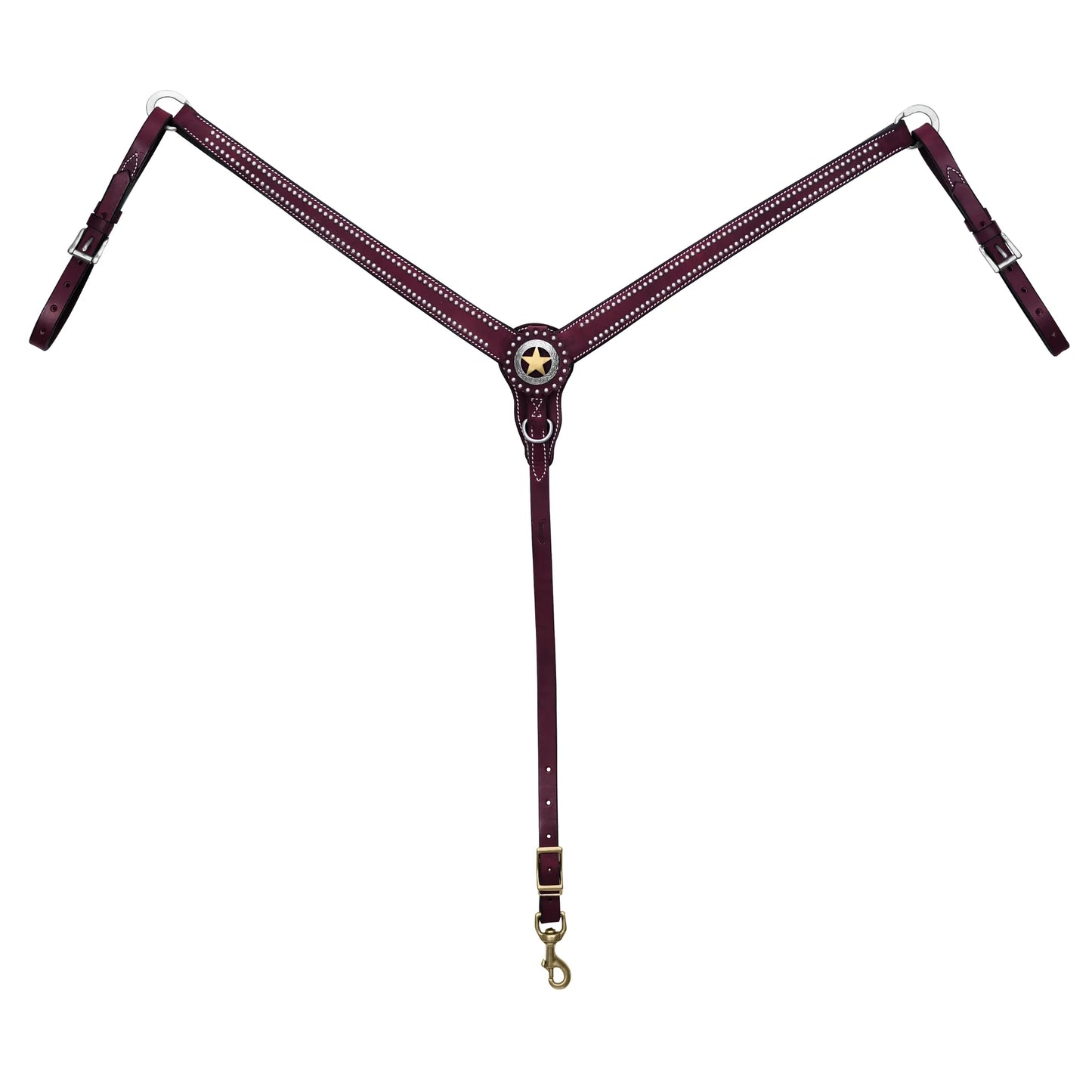 Weaver Leather Texas Star Breast Collar in rich chestnut leather. This premium Western horse tack features elegant silver spot accents and a signature Texas Star concho. Designed with adjustable tug straps and a brass snap hook for a secure fit, it is perfect for barrel racing, trail riding, or Western pleasure. This high-quality breastplate combines traditional craftsmanship with a classic aesthetic, making it an essential piece of stylish equestrian gear.