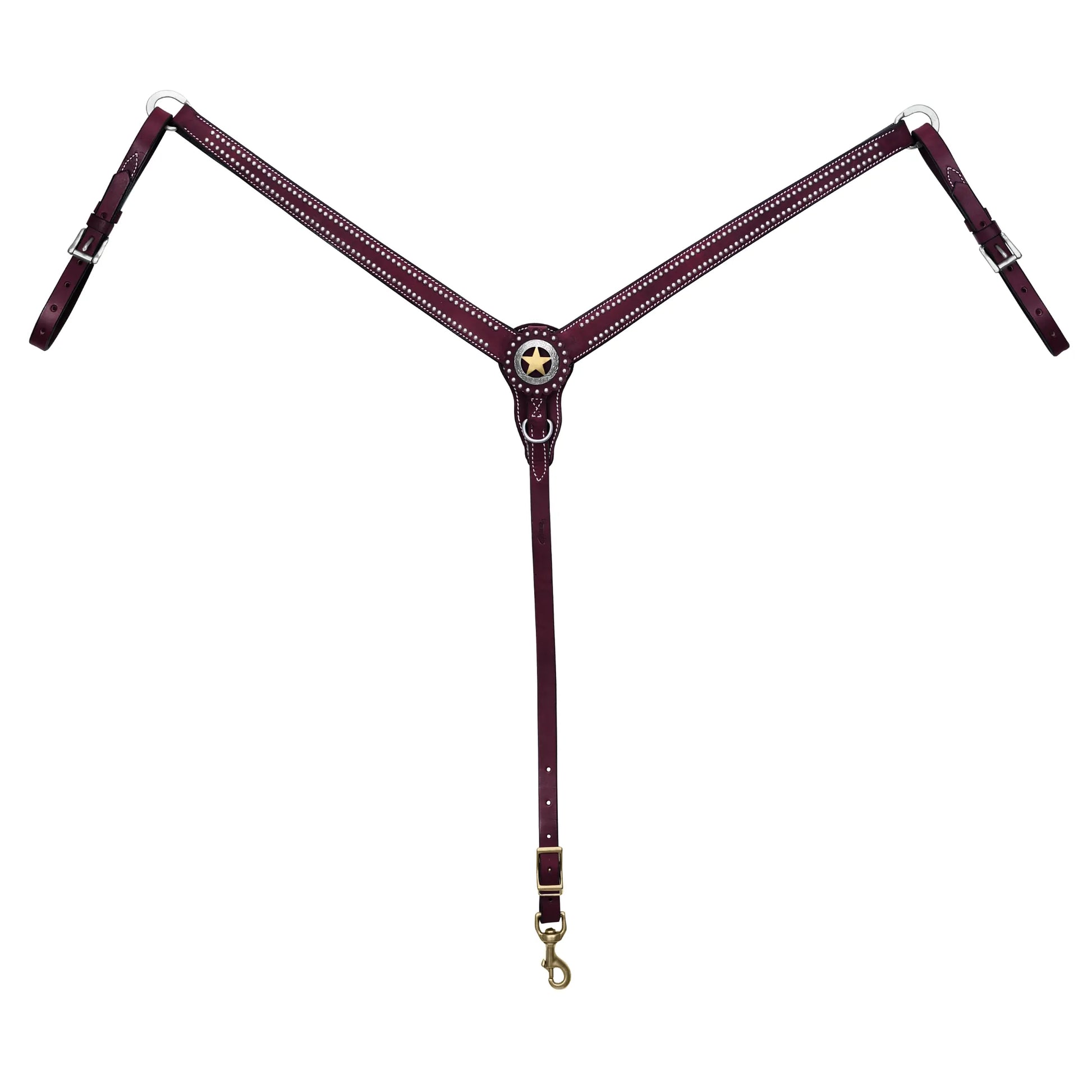 Weaver Leather Texas Star Breast Collar in rich chestnut leather. This premium Western horse tack features elegant silver spot accents and a signature Texas Star concho. Designed with adjustable tug straps and a brass snap hook for a secure fit, it is perfect for barrel racing, trail riding, or Western pleasure. This high-quality breastplate combines traditional craftsmanship with a classic aesthetic, making it an essential piece of stylish equestrian gear.