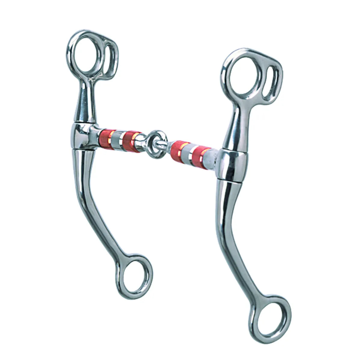 Weaver Leather Tom Thumb Bit crafted from polished stainless steel, featuring a single-jointed mouthpiece with integrated copper rollers. This western horse bit is designed with sleek, curved shanks and top loops for secure headstall attachment. The alternating copper and silver rollers provide a soothing effect for horses. High-quality equestrian tack ideal for training and everyday western riding.