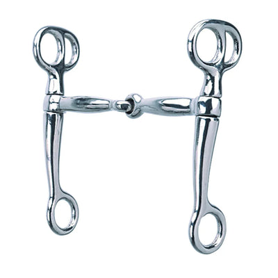 Weaver Leather Tom Thumb Snaffle Bit in high-polish stainless steel. This 5-inch bit features a single-jointed mouthpiece and leverage shanks for a combination of snaffle and curb action. A durable Western equestrian tack essential, it offers swivel shanks and dual rein rings for precise communication and control. Ideal for training and everyday riding, this professional-grade horse bit is a staple for any stable.
