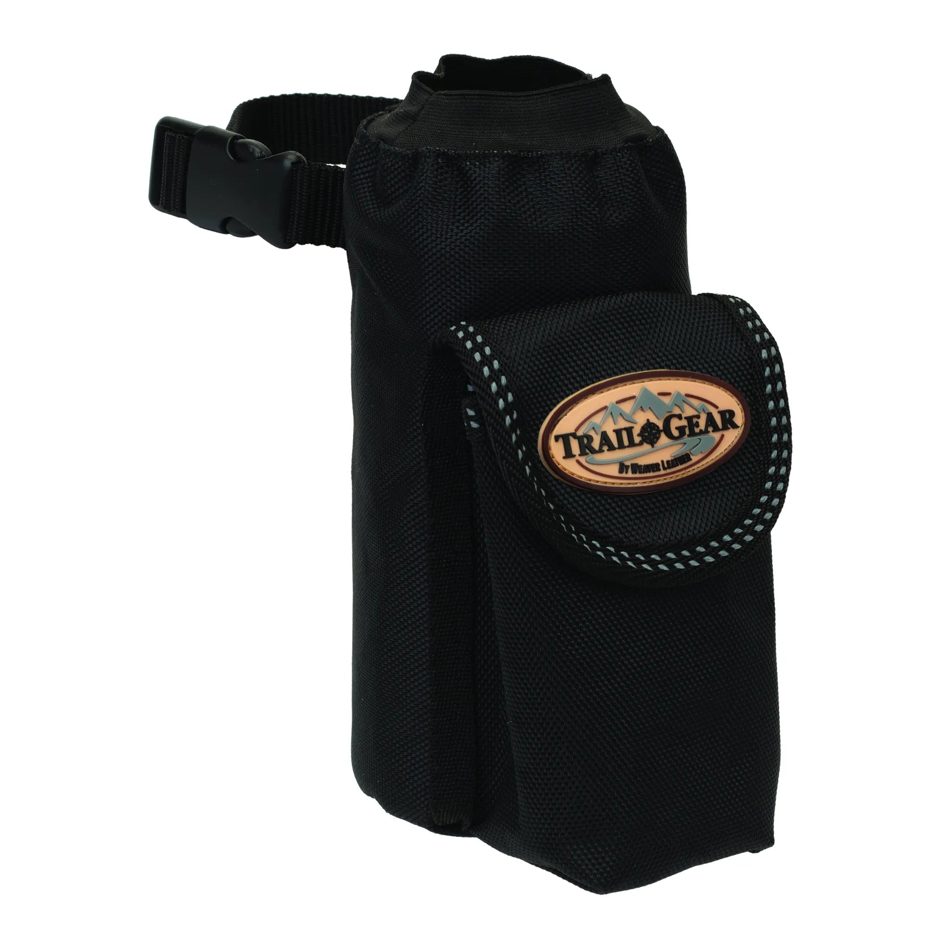Black Weaver Leather Trail Gear Horse Water Bottle Holder Bag, a durable nylon saddle attachment for trail riders. Features a large water bottle compartment, a front storage pouch for keys or phone, and an adjustable strap with a quick-release buckle. This rugged equestrian accessory is perfect for staying hydrated and organized on every horseback ride.