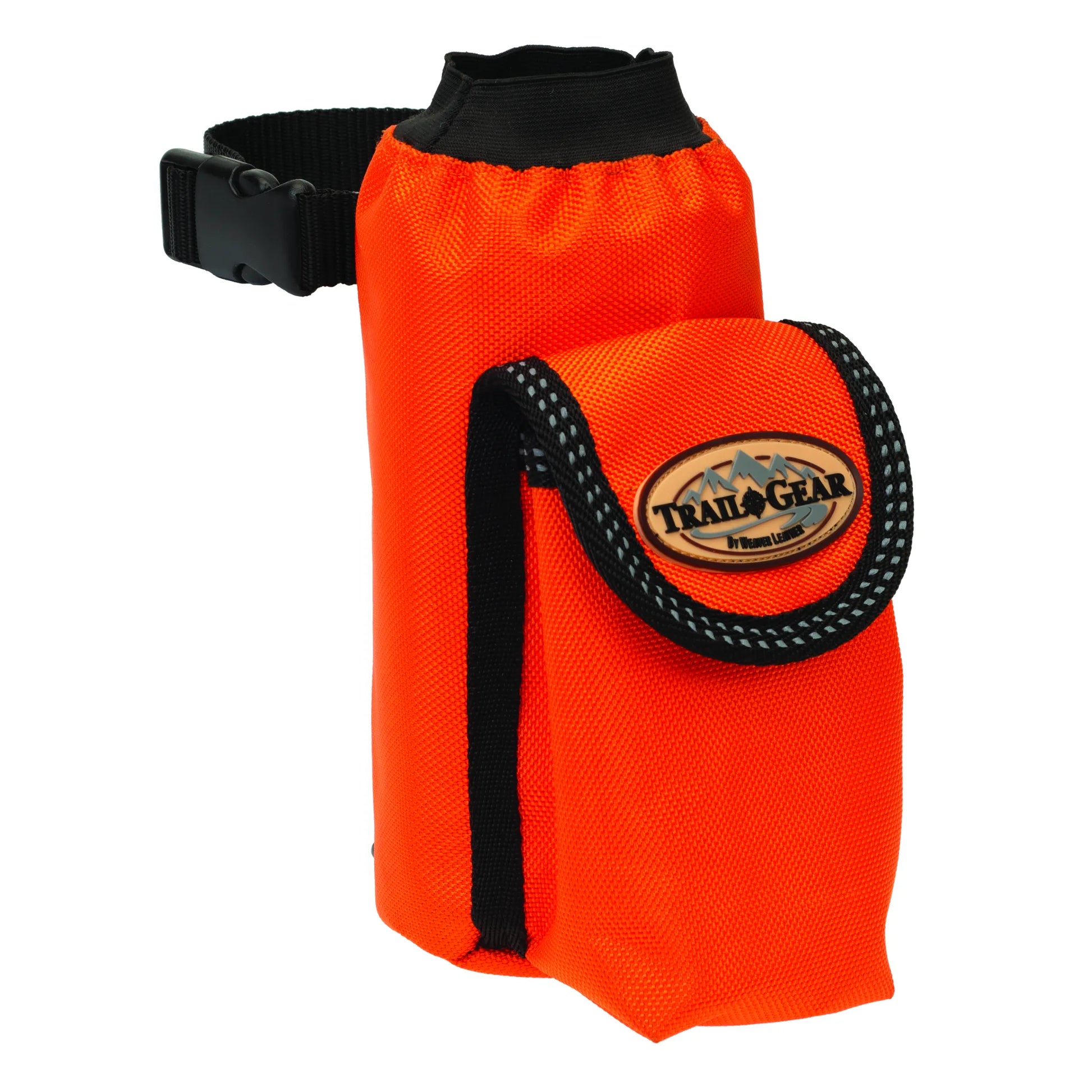 Weaver Leather Trail Gear Horse Water Bottle Holder Bag in high-visibility blaze orange. This durable, insulated nylon bag features a secure water bottle compartment, an adjustable black strap with a buckle for easy saddle attachment, and a front storage pocket for trail essentials. Perfect for trail riders and horse enthusiasts, this equestrian gear ensures hydration and convenience on every outdoor adventure.