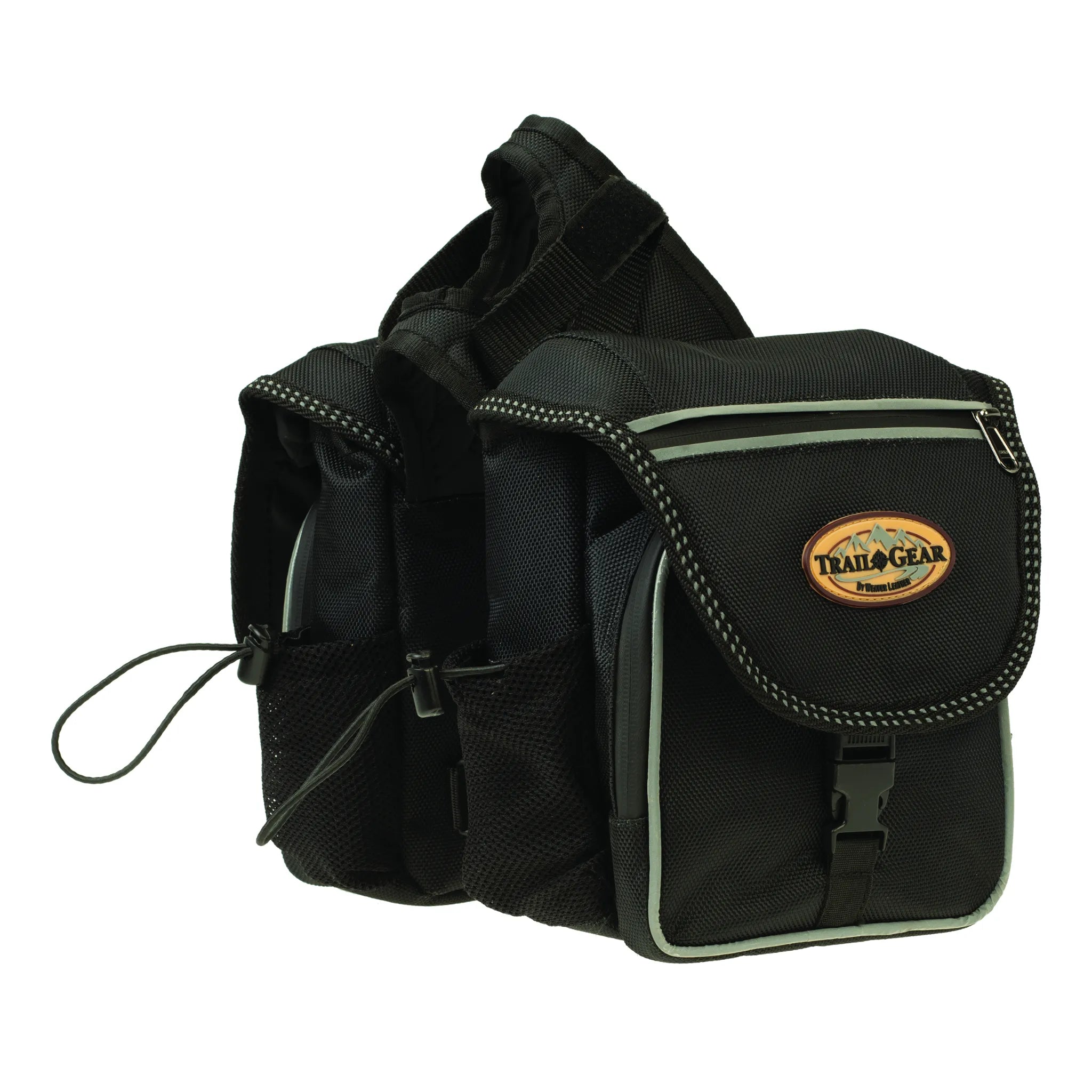 Black Weaver Leather Trail Gear Pommel Horn Bag designed for horse trail riding. This durable, weatherproof saddle bag features two main storage compartments, mesh side pockets, a zippered top pocket, and secure buckle closures. The reflective piping enhances visibility, making it essential horse tack for organized trail adventures. It fits securely over a saddle's pommel or horn to keep your gear and essentials within easy reach.