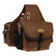 Weaver Leather Trail Gear Saddle Bag in rich brown. Durable, weather-resistant polyester construction with two large compartments, buckle closures, and reflective piping. Features a mesh water bottle holder and silver grommet holes for secure attachment to a horse saddle. Ideal for trail riding gear, equestrian storage, and outdoor horse adventures.