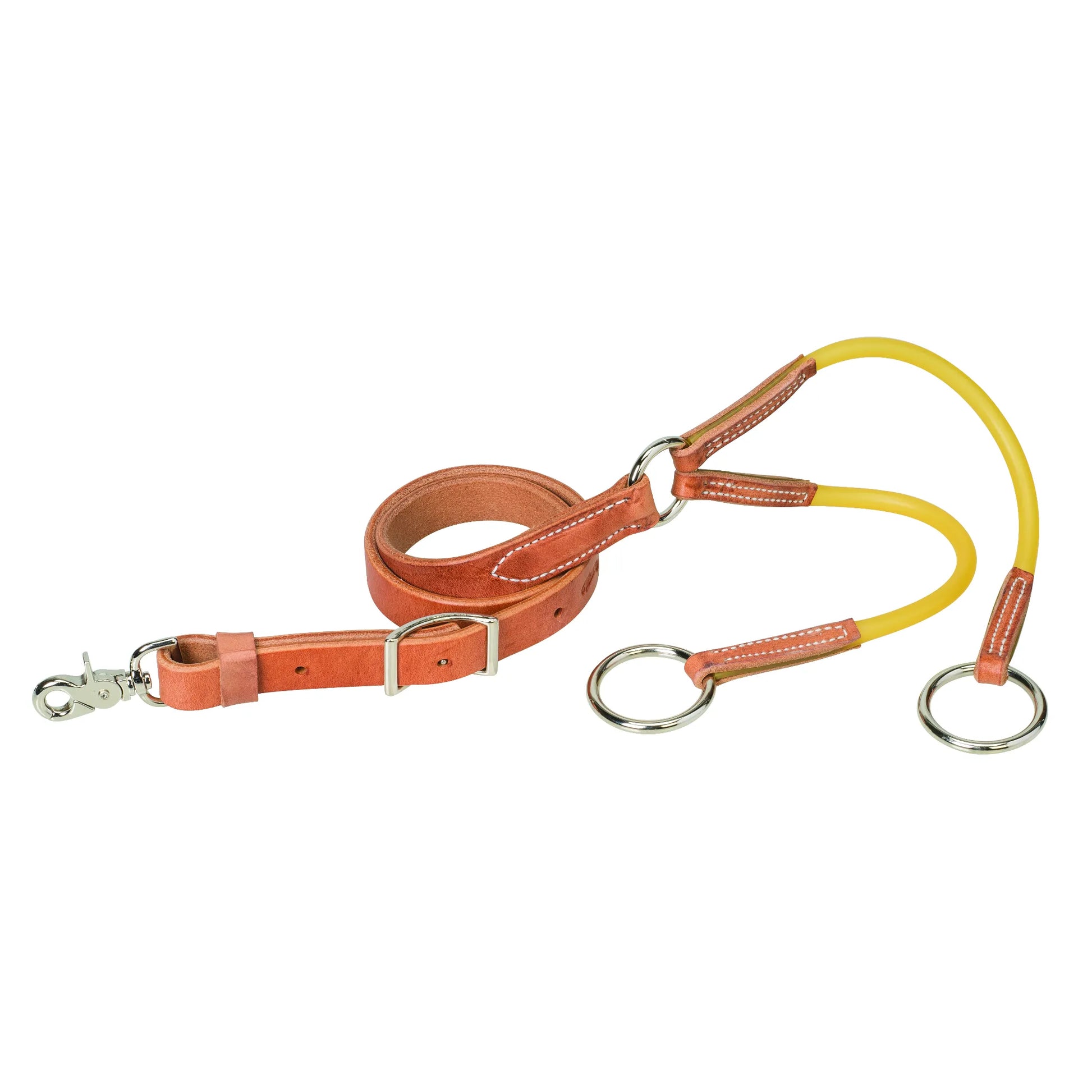 Weaver Leather Training Fork featuring premium russet brown leather with white stitching and flexible yellow bungee tubing. This professional horse training equipment includes a stainless steel snap for easy attachment, an adjustable buckle, and two large metal rings at the ends. A durable and reliable martingale attachment for equestrian training, designed to help improve a horse's head carriage and responsiveness during riding or lunging.