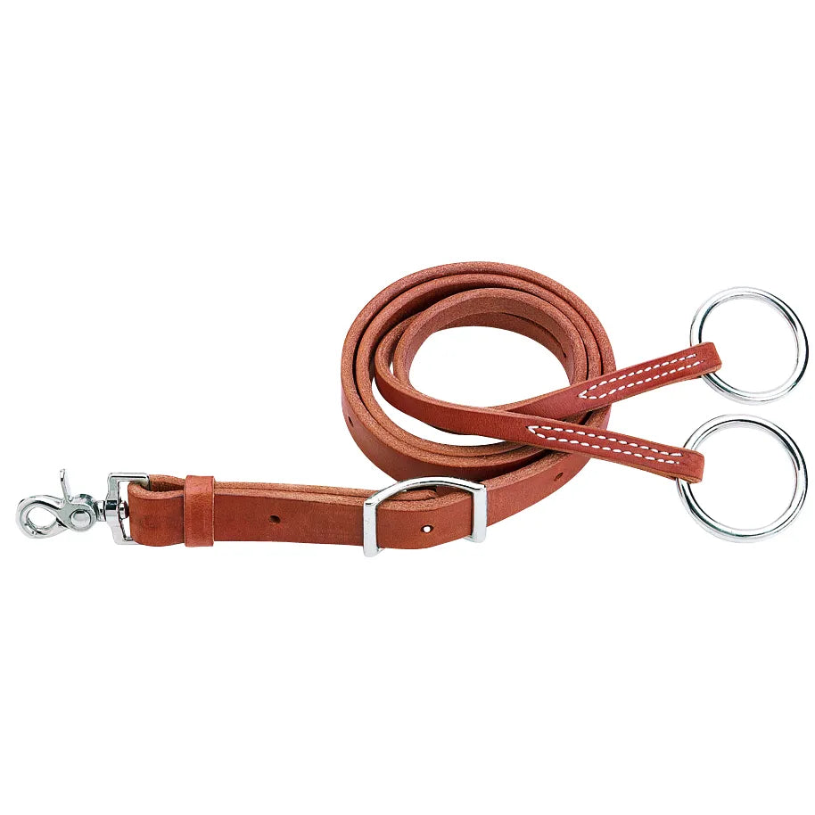 Weaver Leather Training Fork in Russet leather, an essential piece of equestrian equipment for horse training. This adjustable running martingale attachment features durable silver-toned hardware, a heavy-duty snap hook for cinch attachment, and two rings for rein control. The premium reddish-brown leather ensures longevity and professional style for western training sessions.