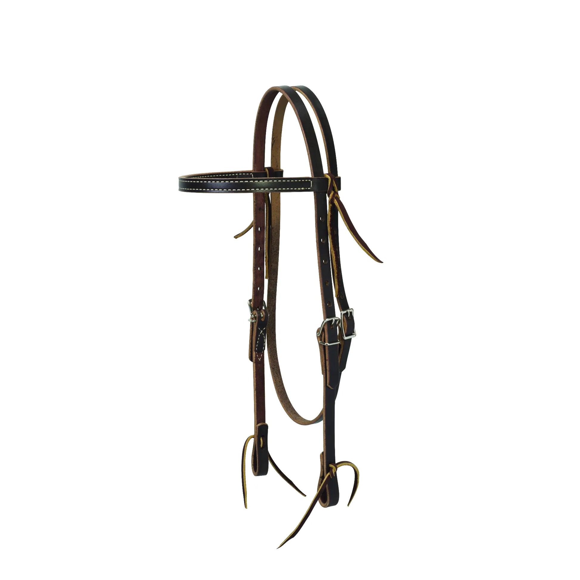 Weaver Leather Turquoise Cross Dark Oiled Browband Horse Headstall. Crafted from premium dark brown leather with white contrast stitching, this classic Western headstall features silver-tone buckles and tie-bit ends. High-quality equestrian tack ideal for training, ranch work, and daily riding. Durable and stylish gear for Western horses.